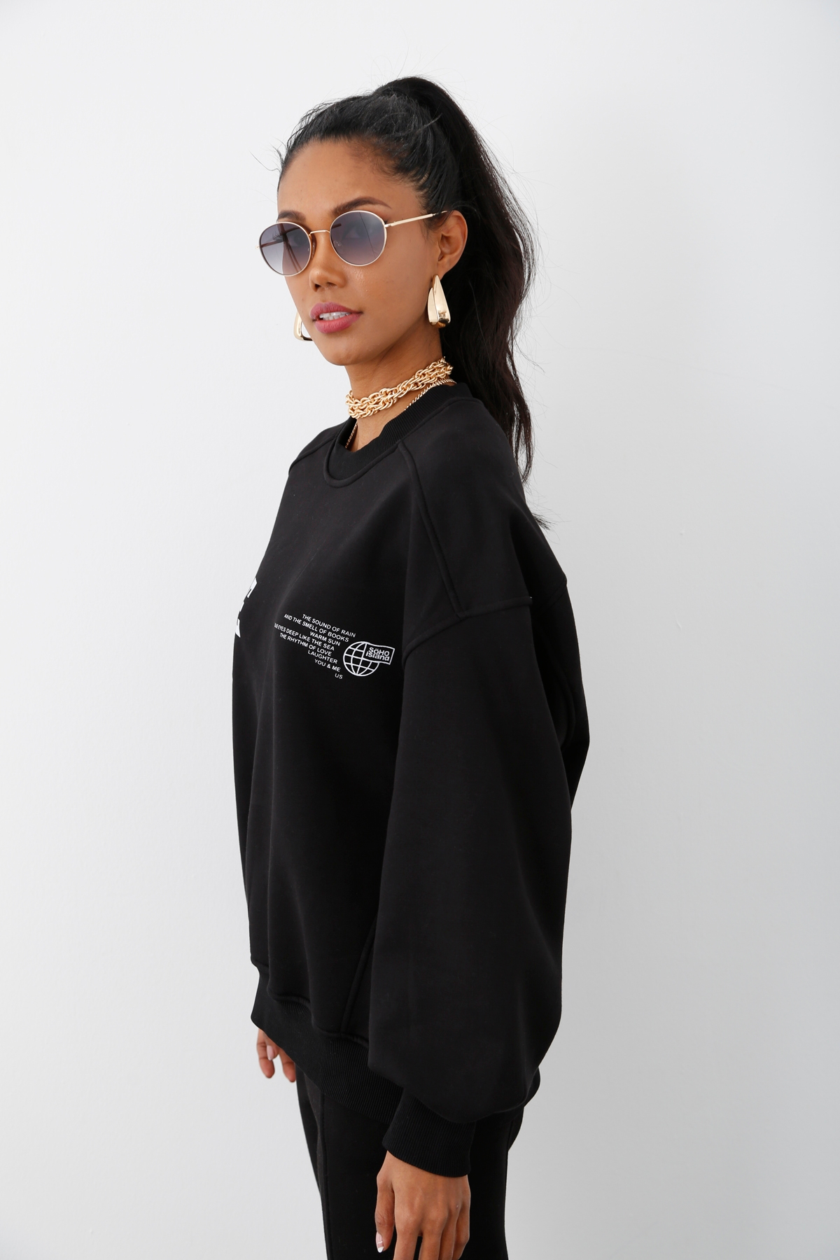 Siyah Sense Baskılı Şardonlu Sweatshirt 226