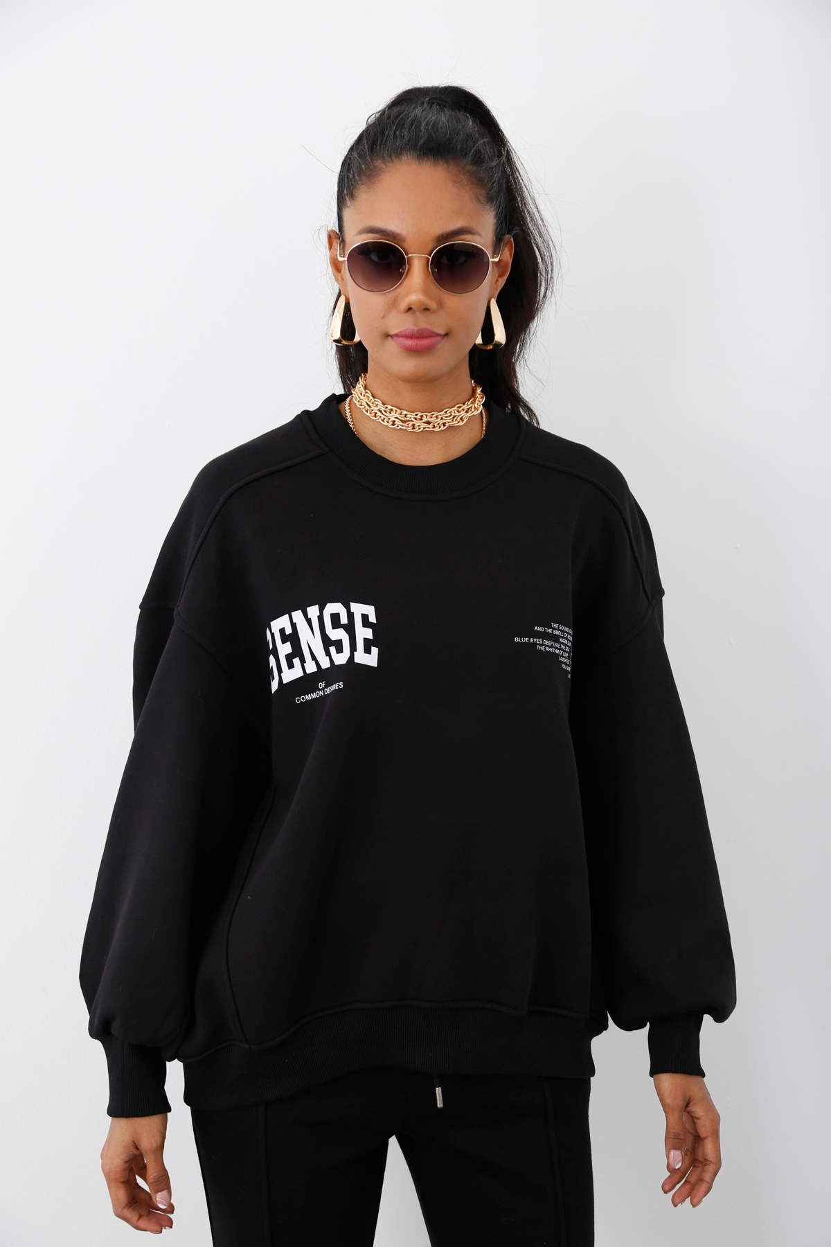 Siyah Sense Baskılı Şardonlu Sweatshirt 226
