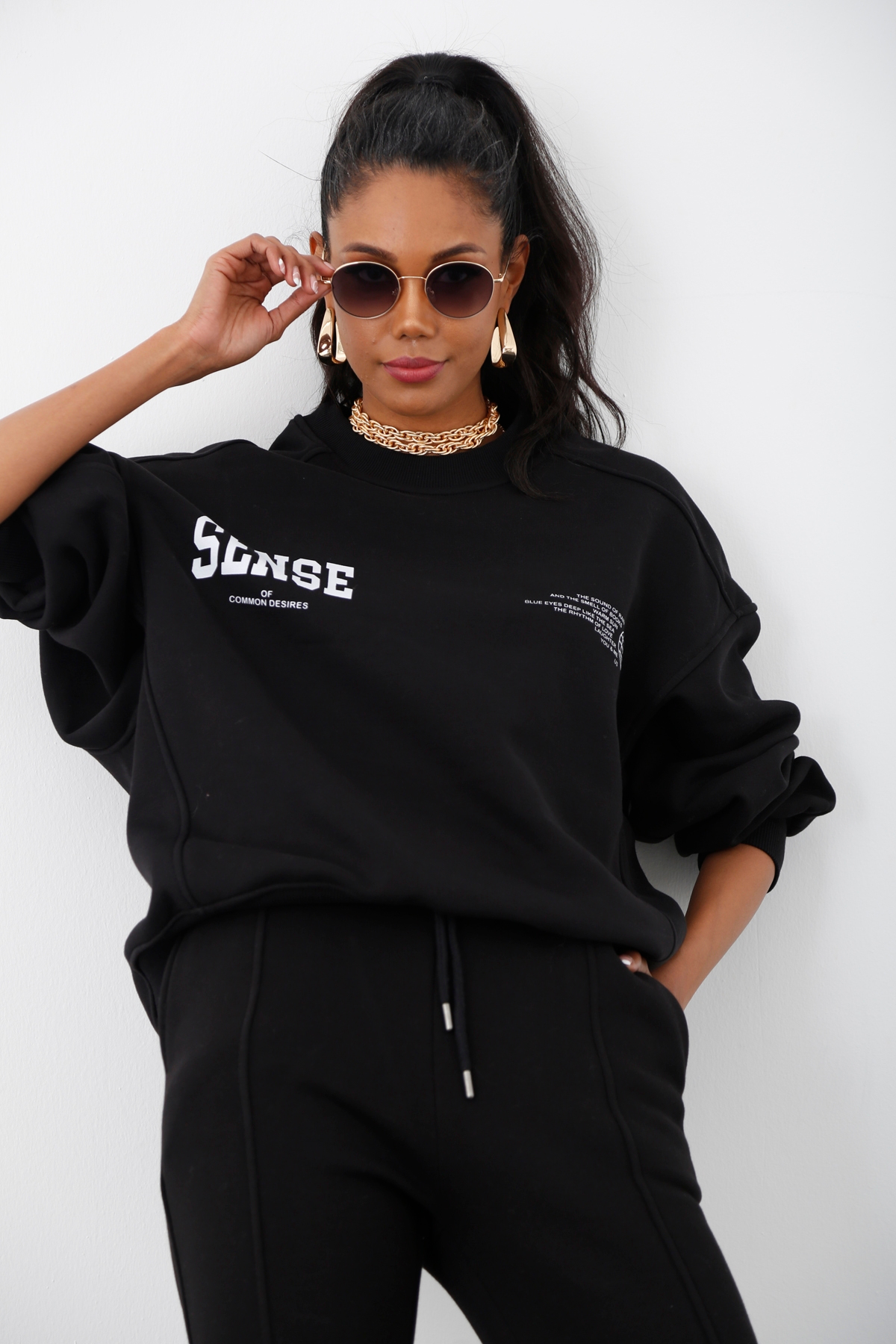 Siyah Sense Baskılı Şardonlu Sweatshirt 226