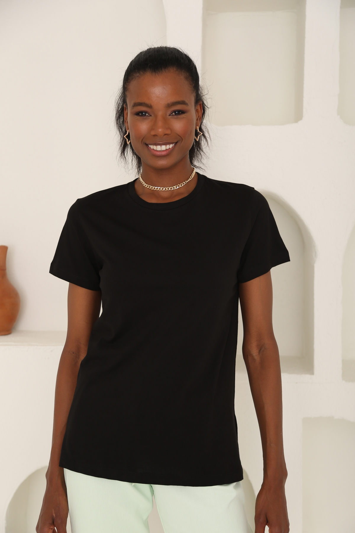 Siyah Ultra Soft Bisiklet Yaka Tshirt 