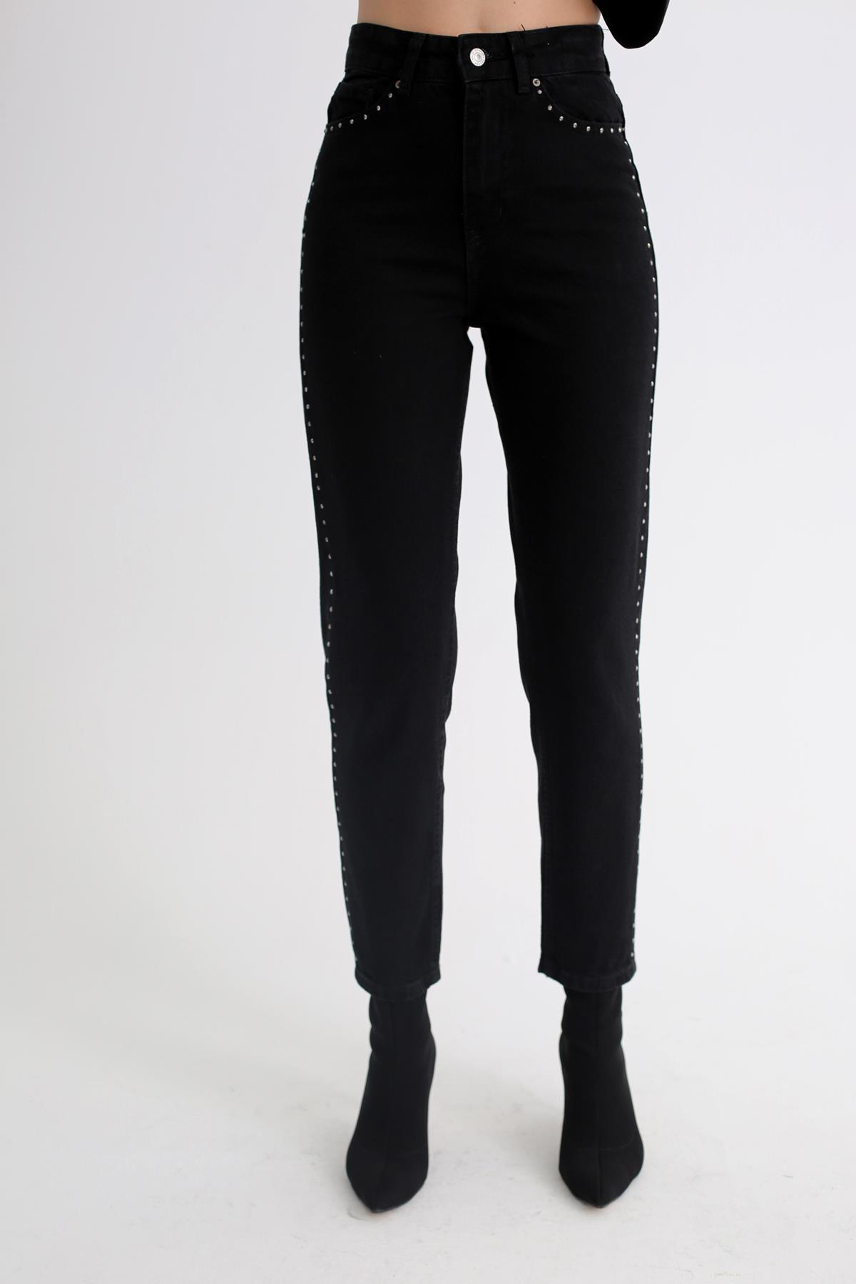 Siyah Ultra Yüksek Bel Taşlı Mom Jean 1084-T1