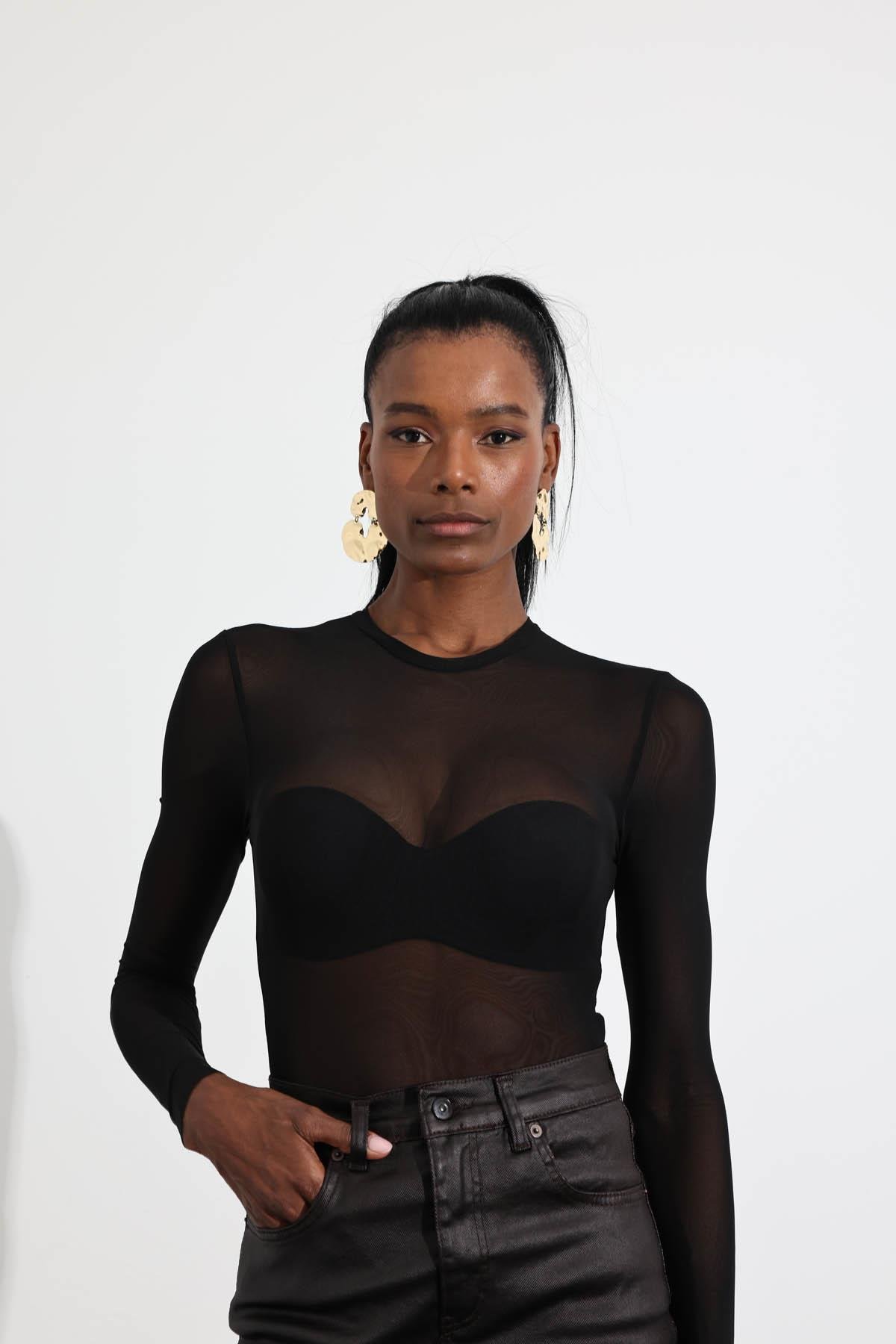 Siyah Uzun Kollu Tül Bodysuit 