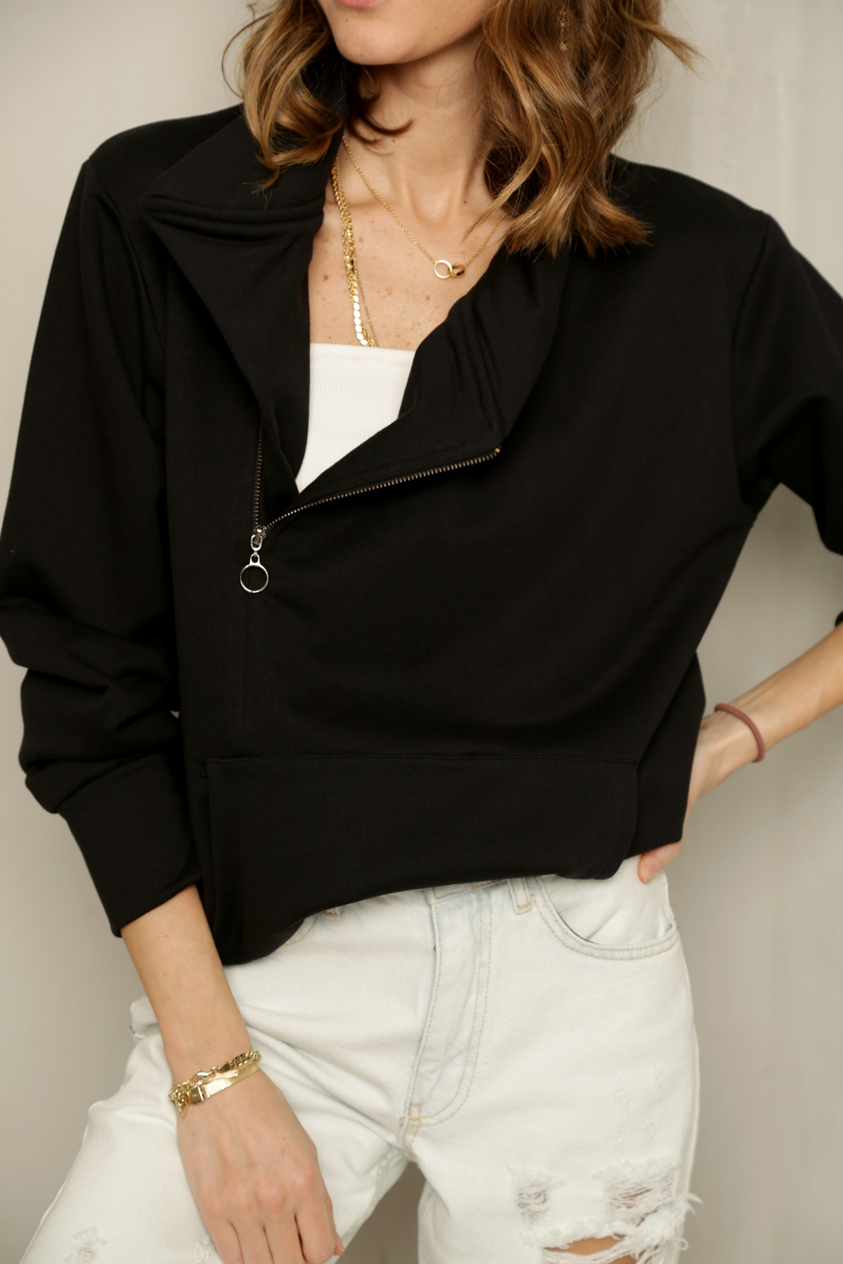 Siyah V Yaka Fermuarlı Sweatshirt-9004 