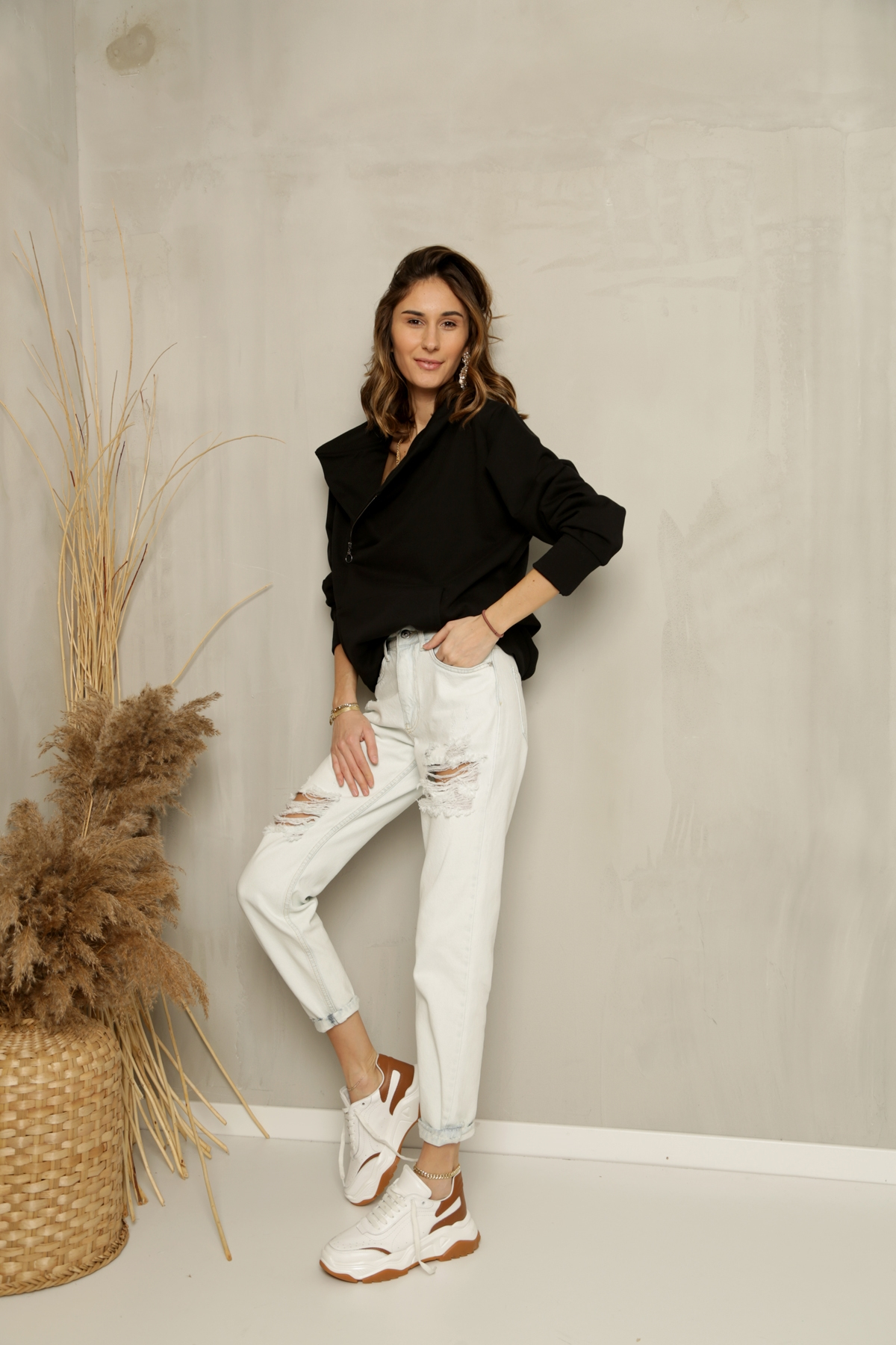 Siyah V Yaka Fermuarlı Sweatshirt-9004 