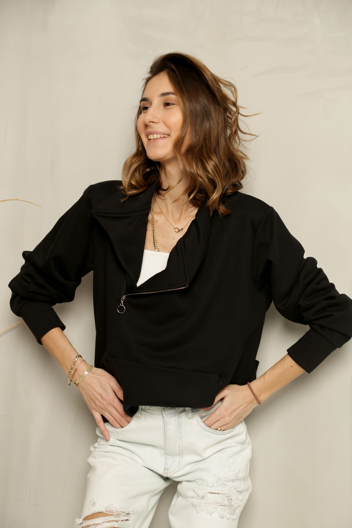 Siyah V Yaka Fermuarlı Sweatshirt-9004 