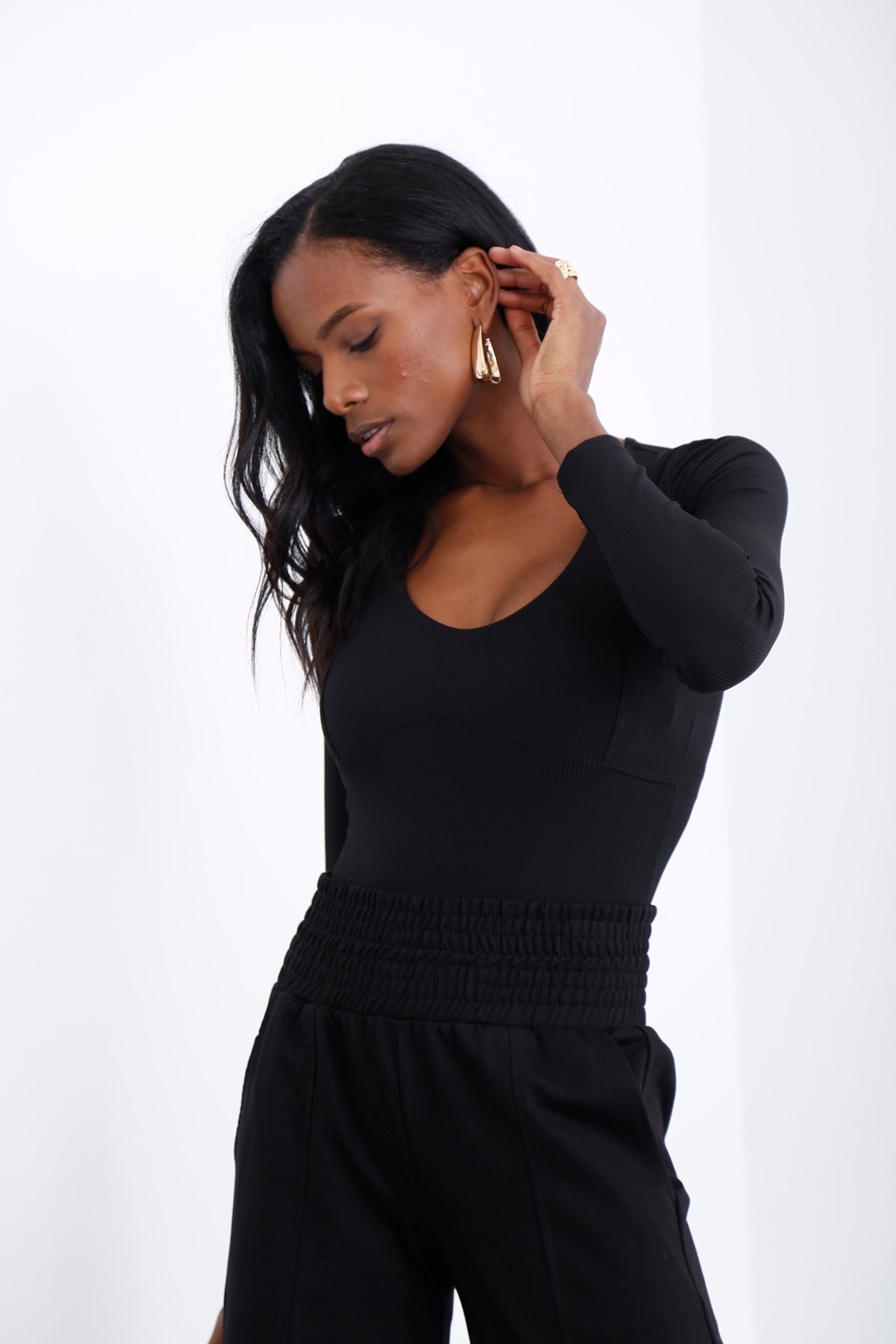 Siyah V Yaka Fitilli Bluz 3886