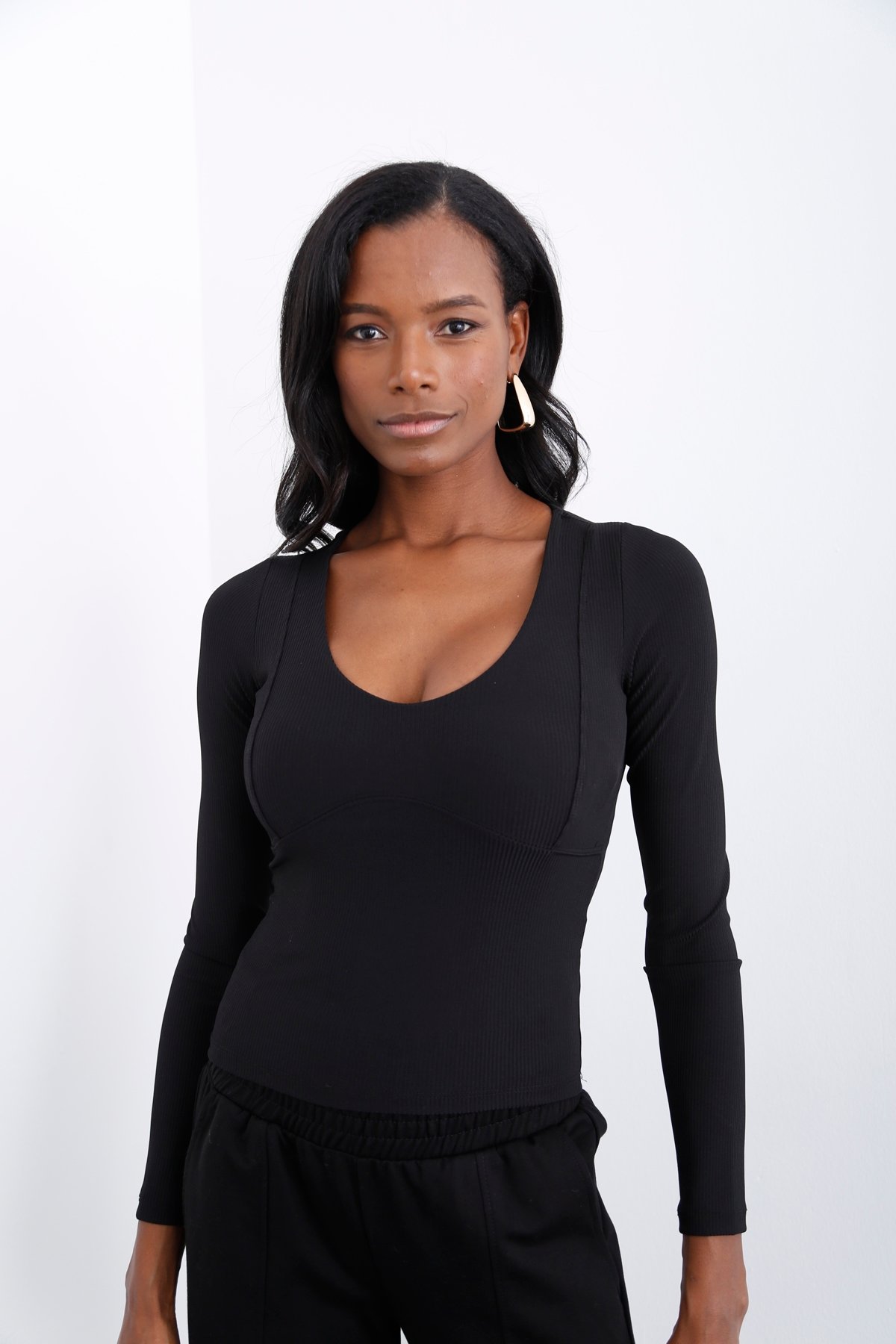 Siyah V Yaka Fitilli Bluz 3886