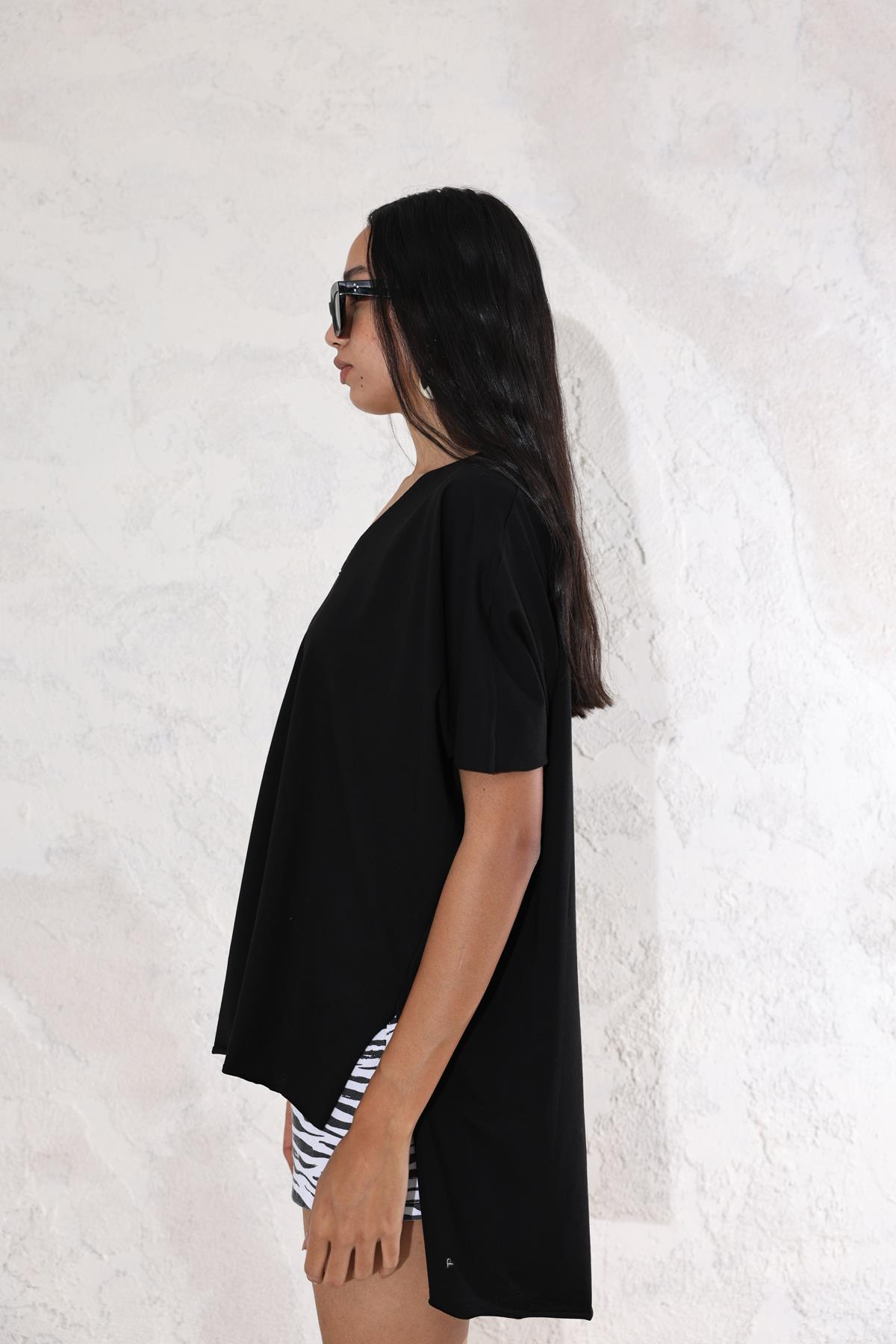 Siyah V Yaka Oversize Tişört 0294