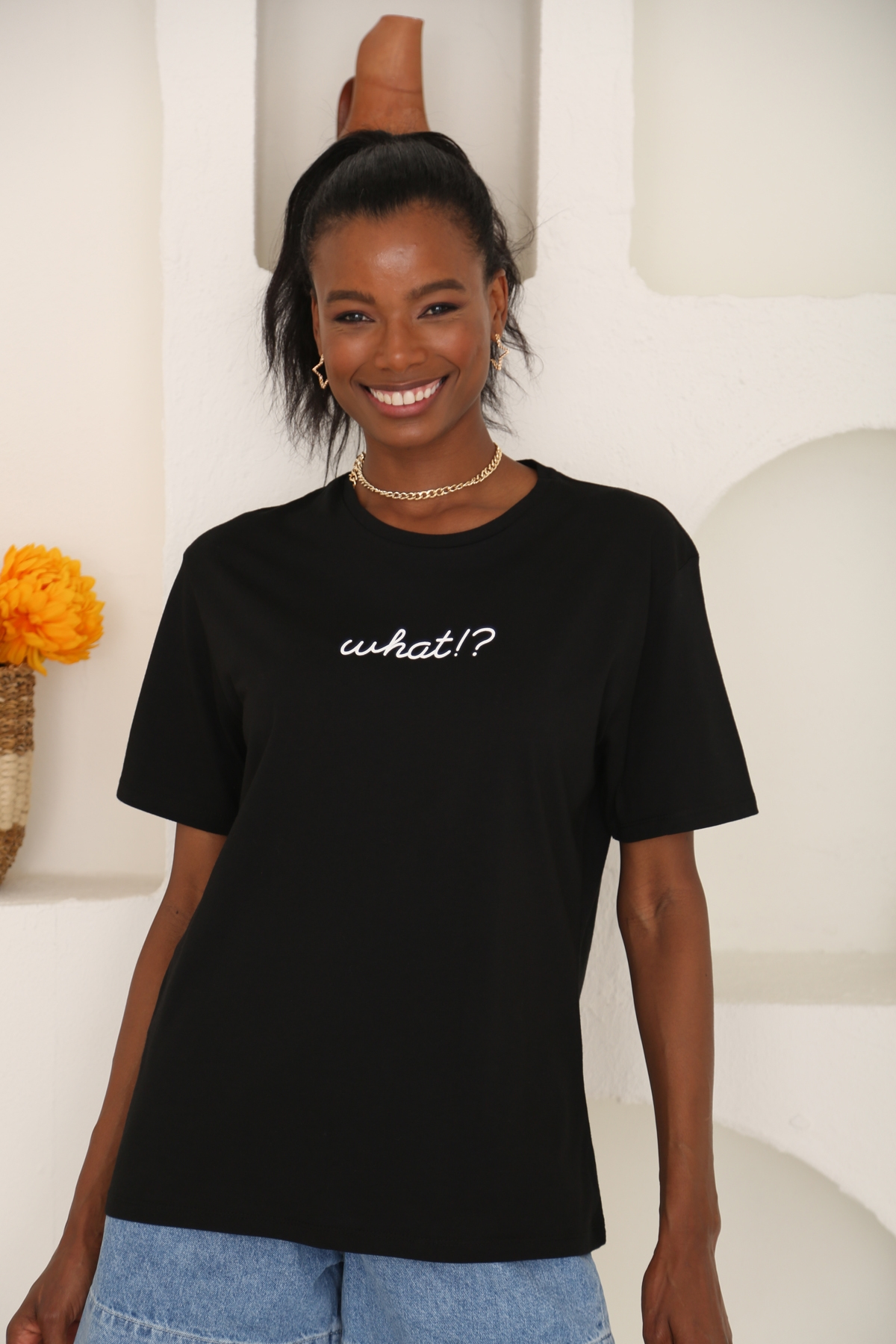 Siyah What Baskılı Tshirt 3658