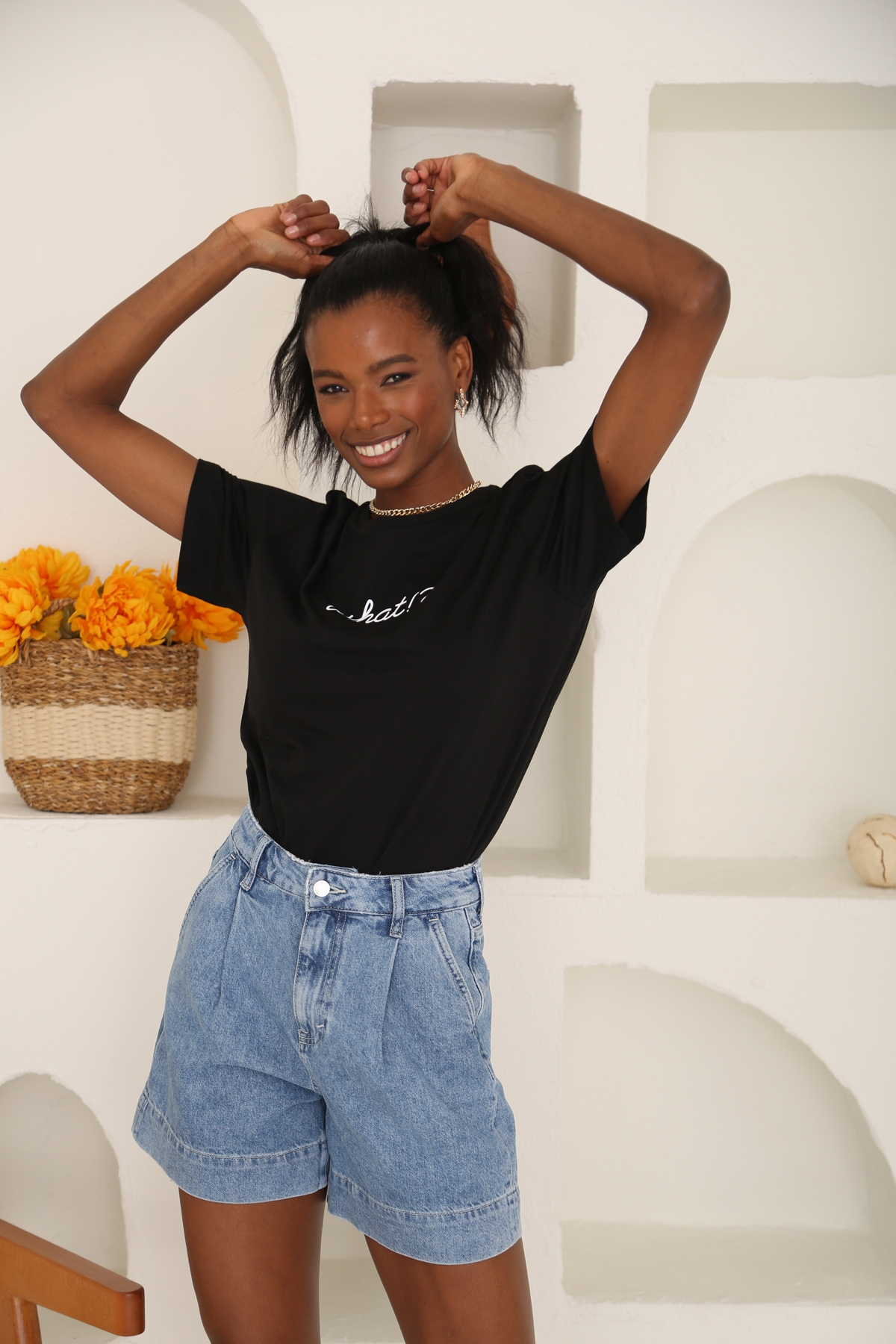 Siyah What Baskılı Tshirt 3658