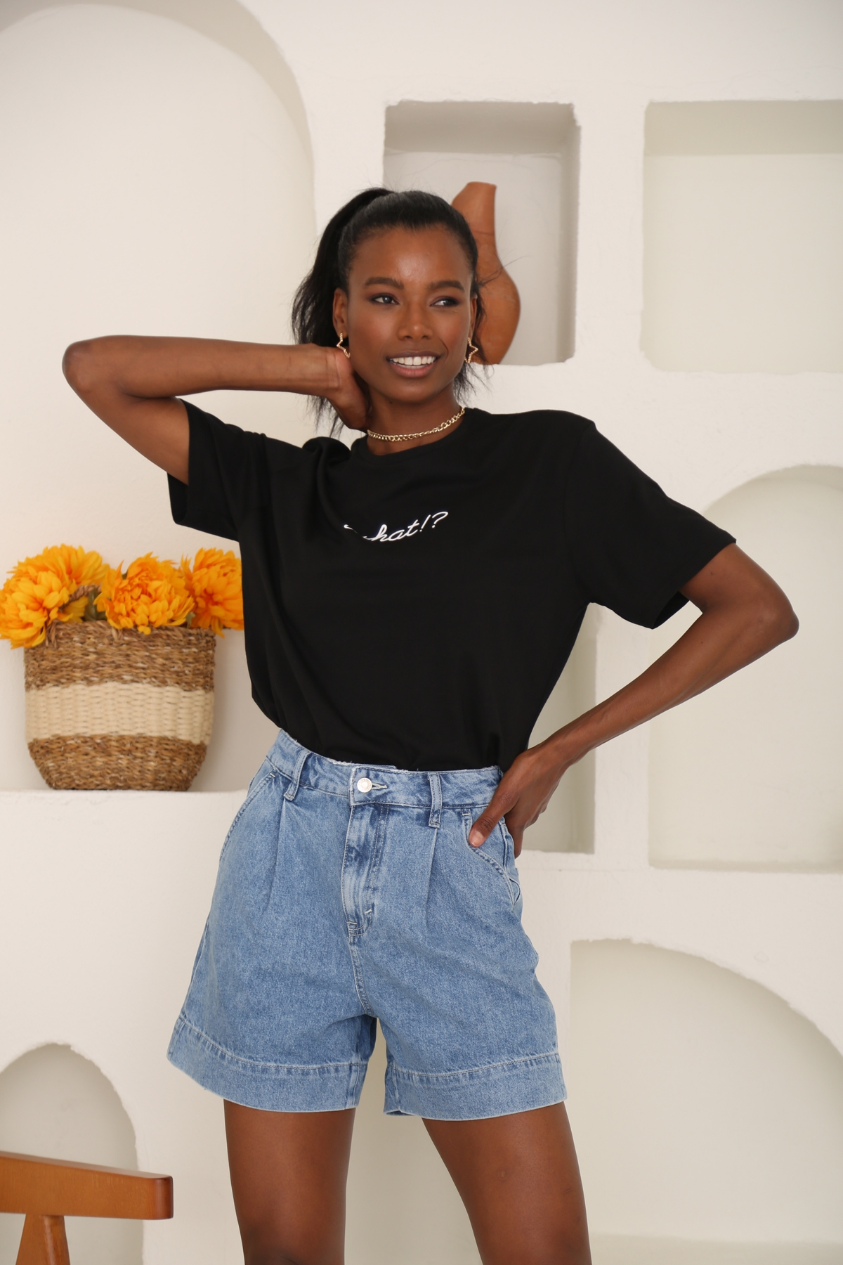 Siyah What Baskılı Tshirt 3658