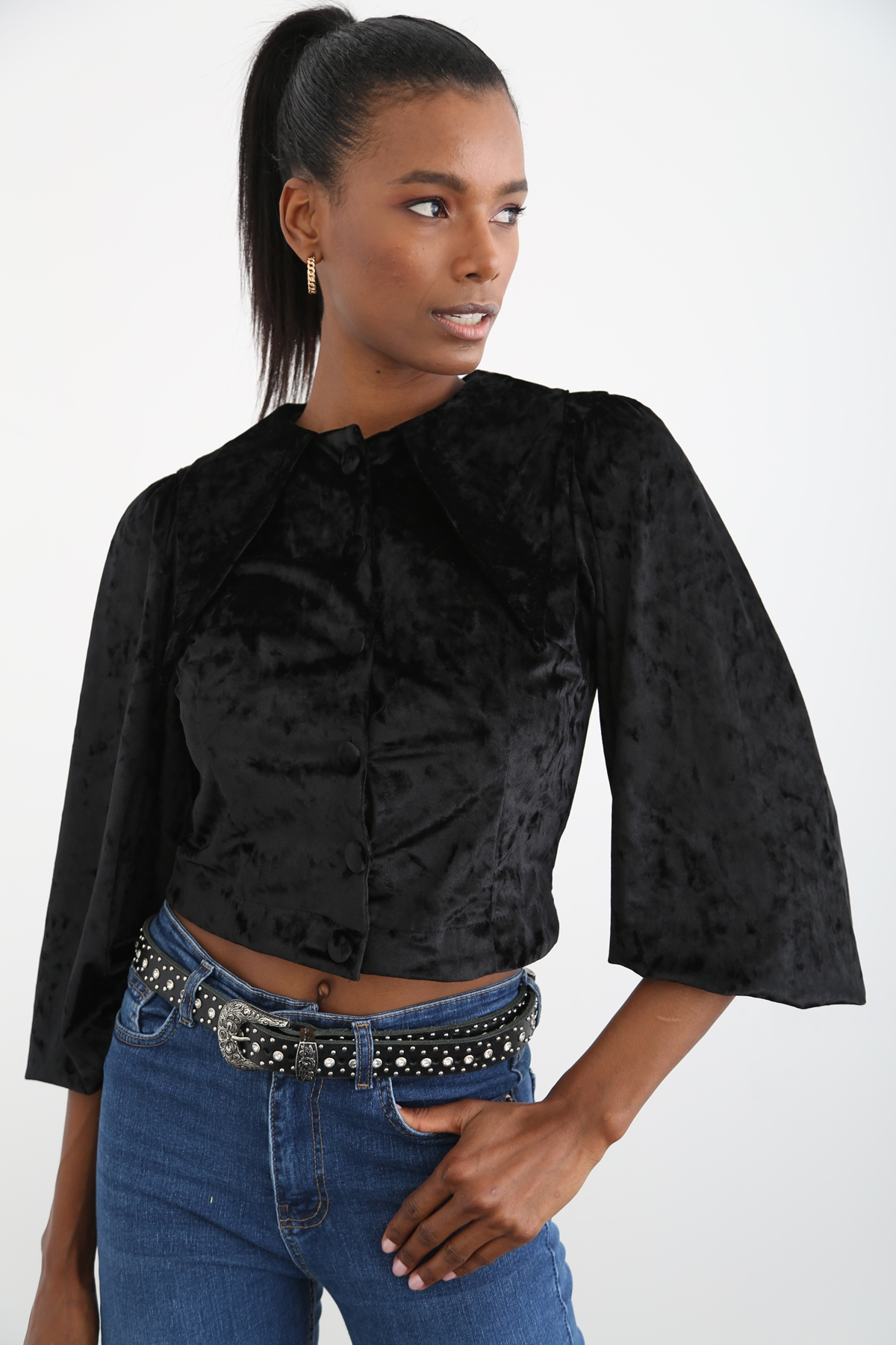 Siyah Yakalı Kadife Gömlek 2133