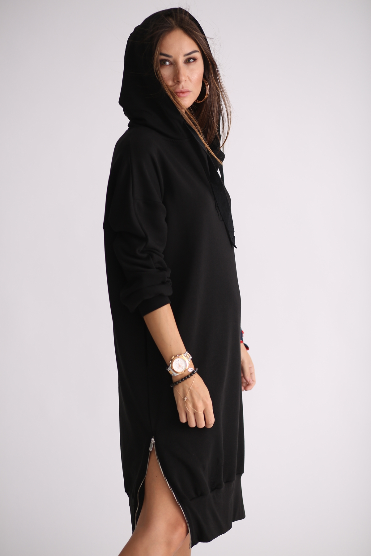 Siyah Yandan Fermuarlı Sweat Elbise 4939
