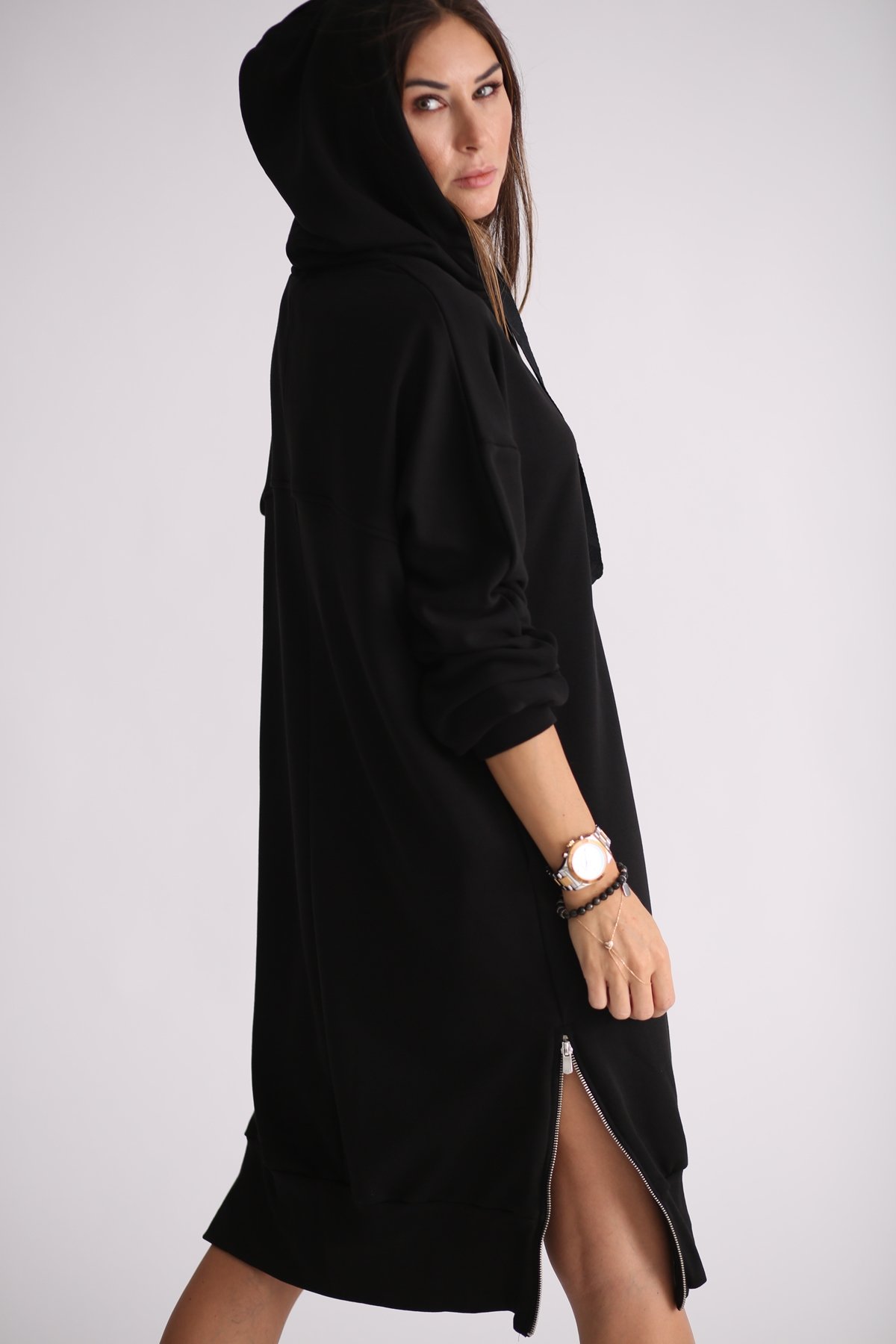 Siyah Yandan Fermuarlı Sweat Elbise 4939