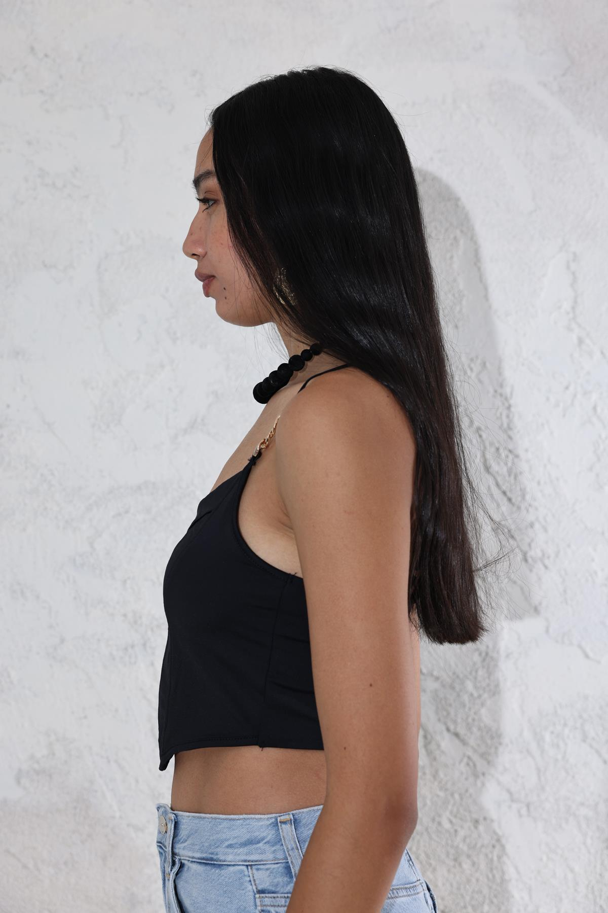Siyah Zincir Askı Detaylı Crop 16156