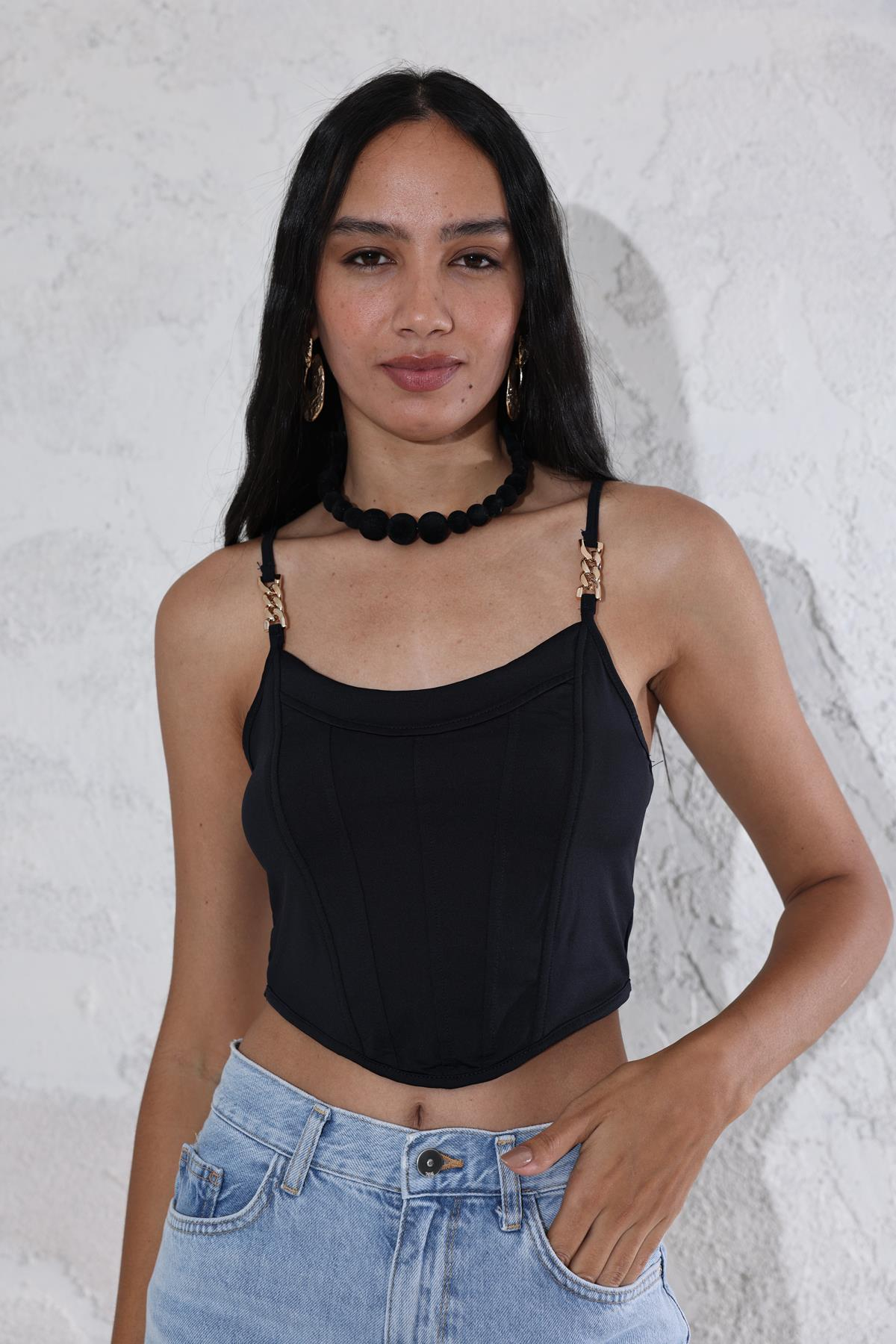 Siyah Zincir Askı Detaylı Crop 16156