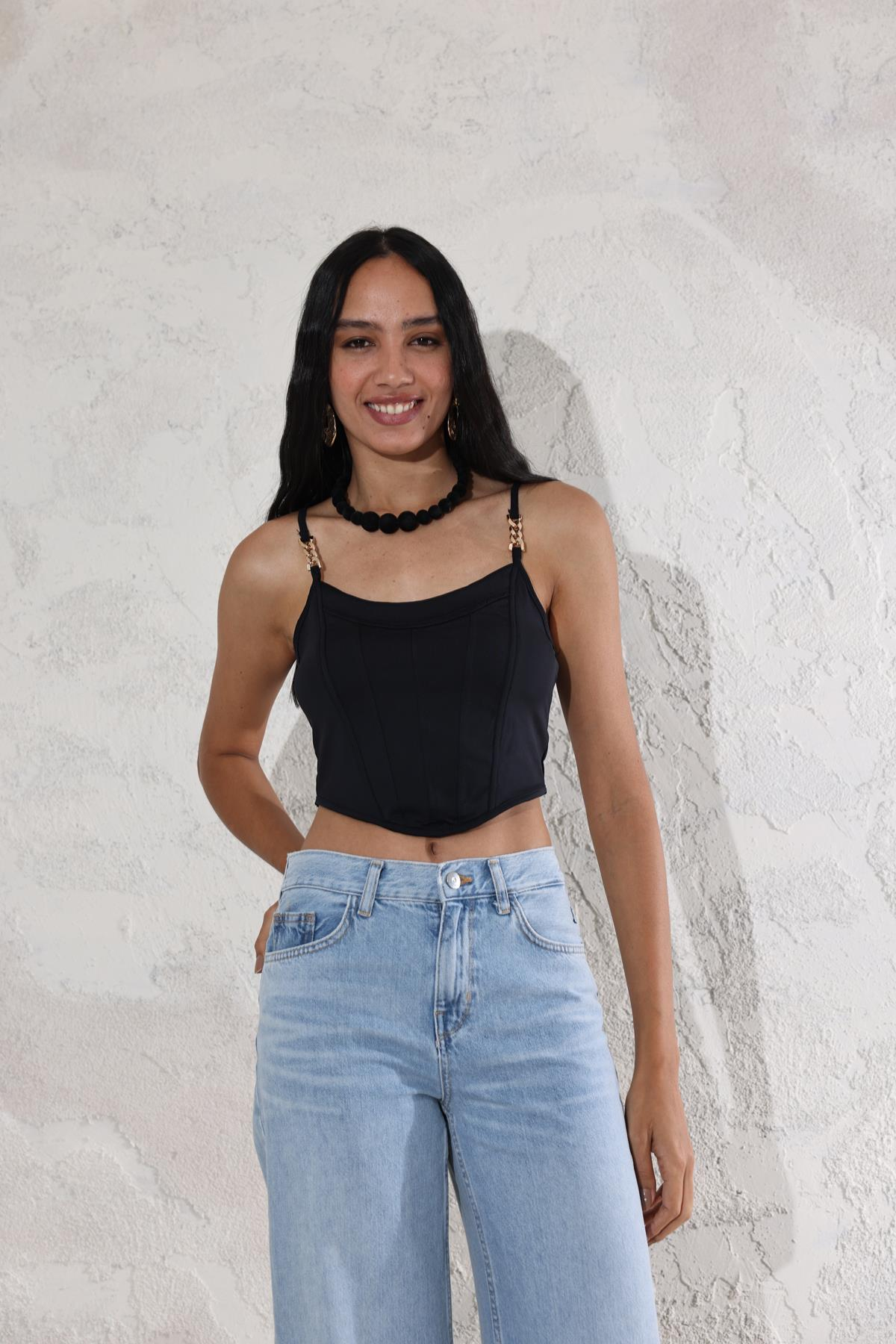 Siyah Zincir Askı Detaylı Crop 16156