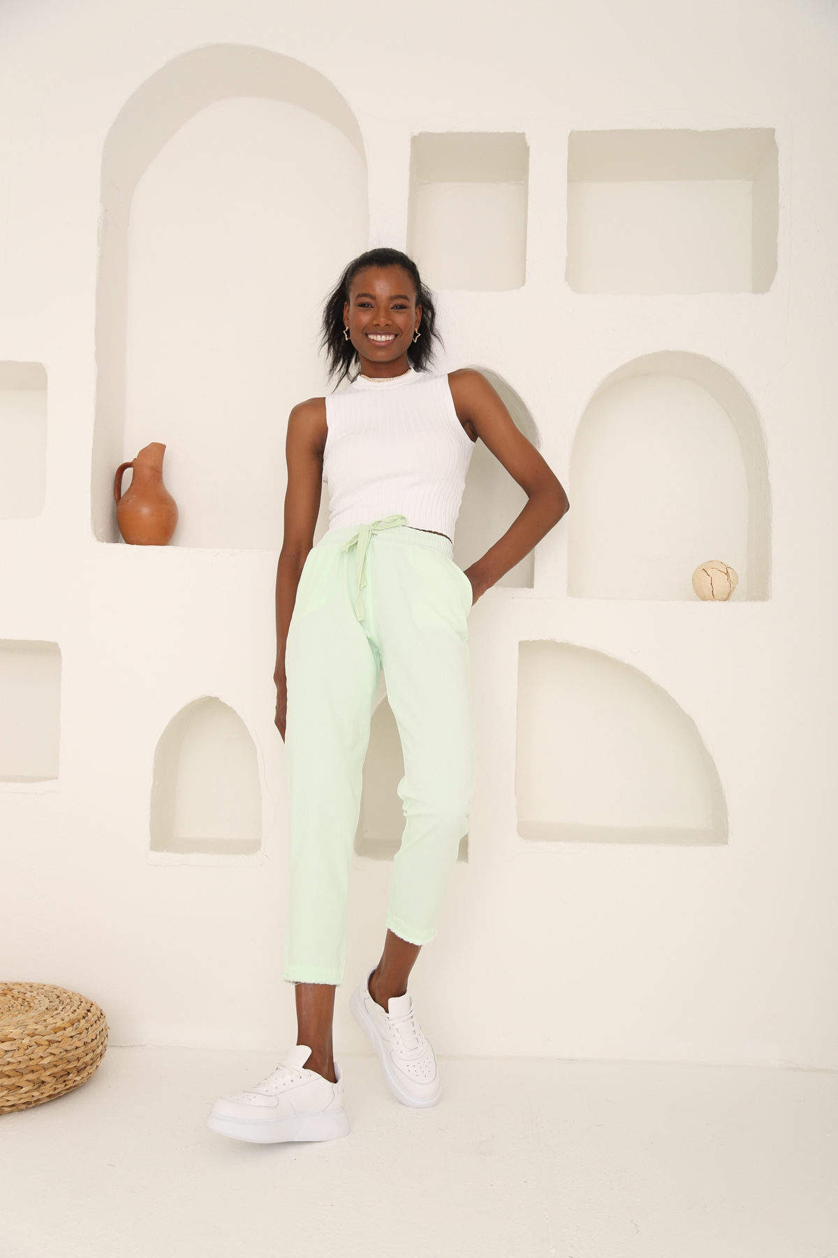 Su Yeşili Beli Lastikli Gabardin Pantolon 00104