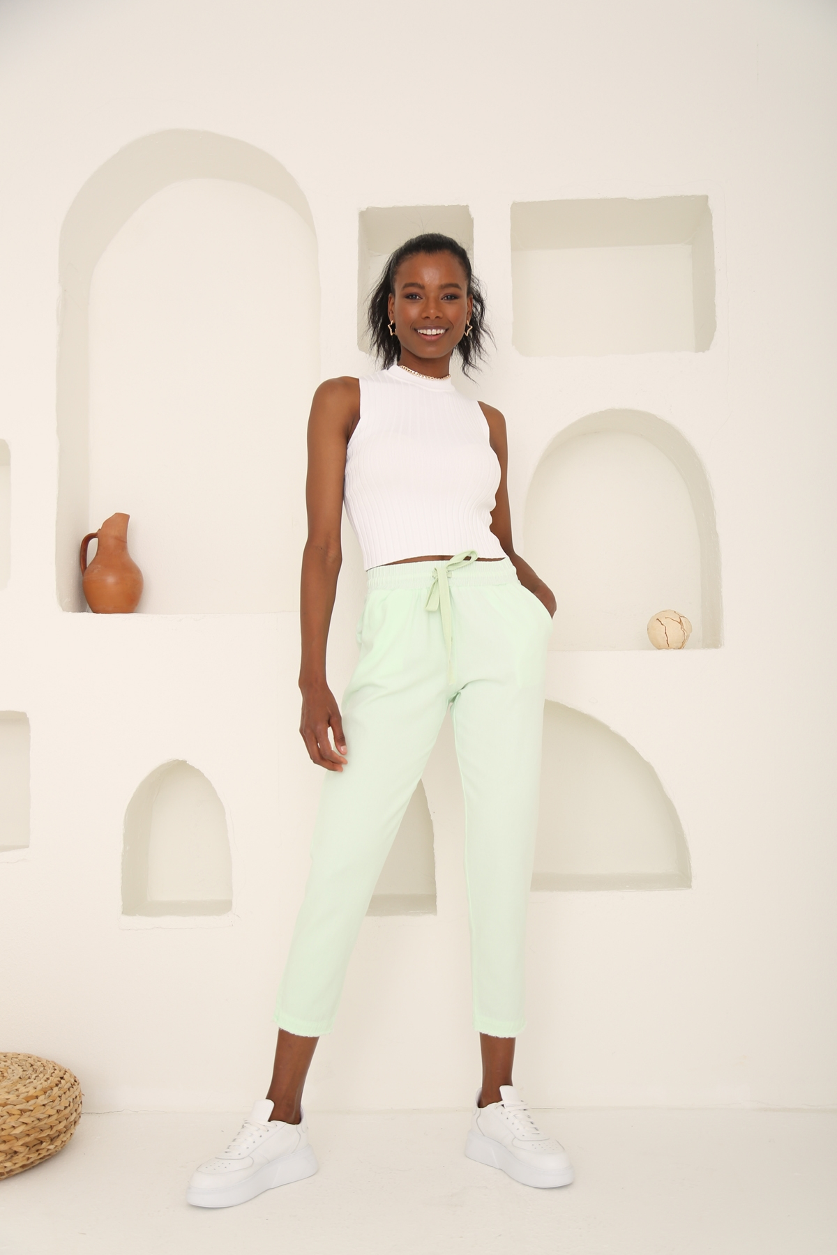 Su Yeşili Beli Lastikli Gabardin Pantolon 00104