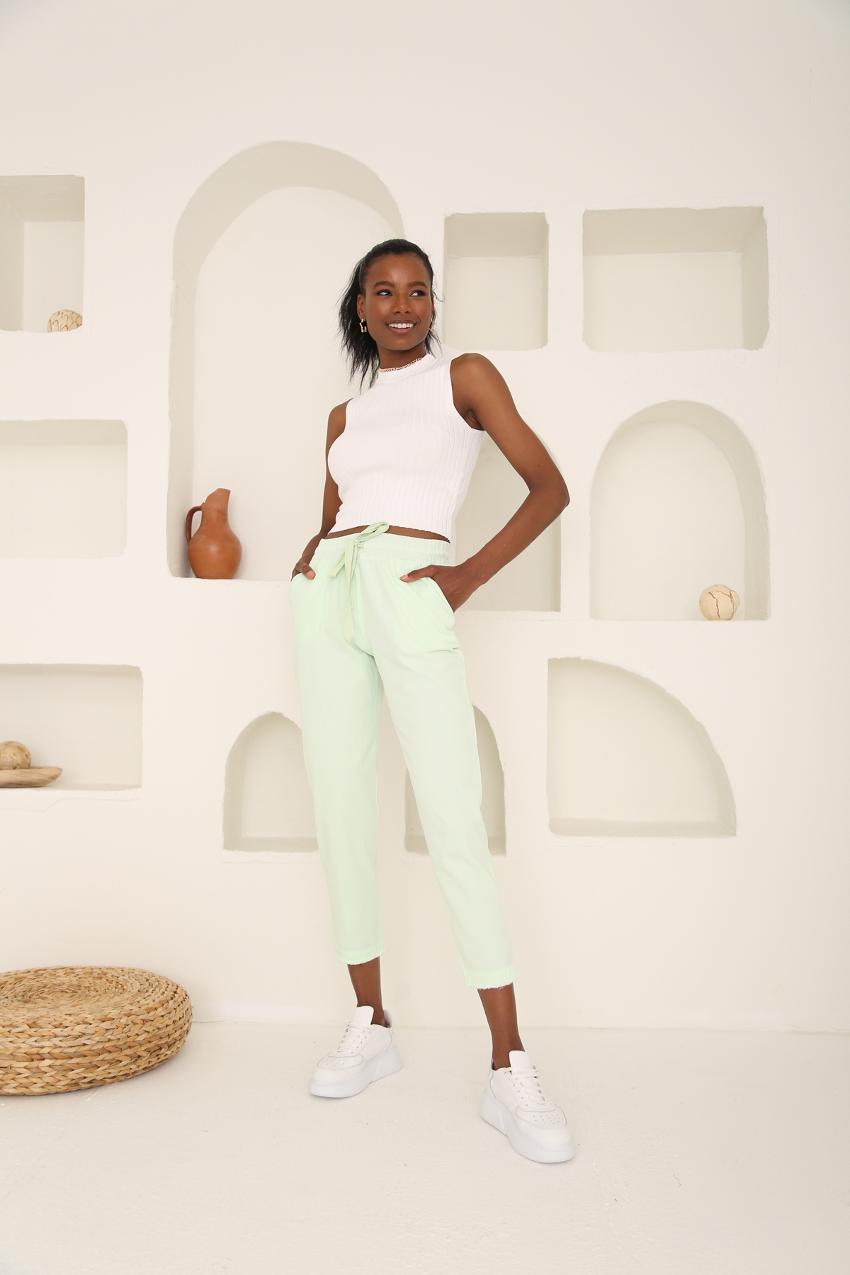 Su Yeşili Beli Lastikli Gabardin Pantolon 00104