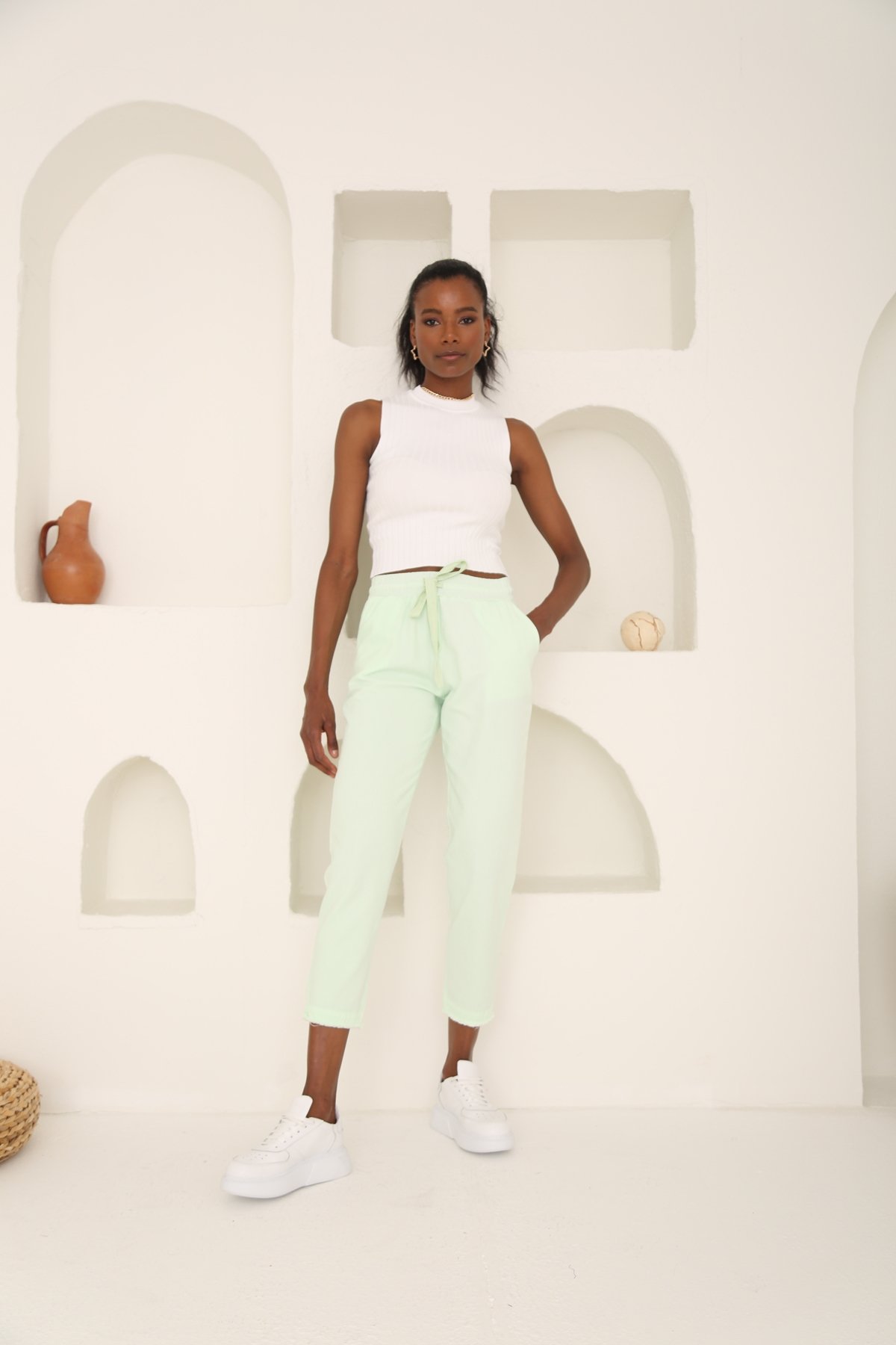 Su Yeşili Beli Lastikli Gabardin Pantolon 00104