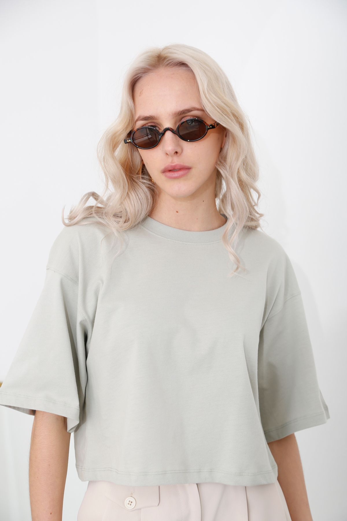Su Yeşili Bisiklet Yaka Crop Tshirt 