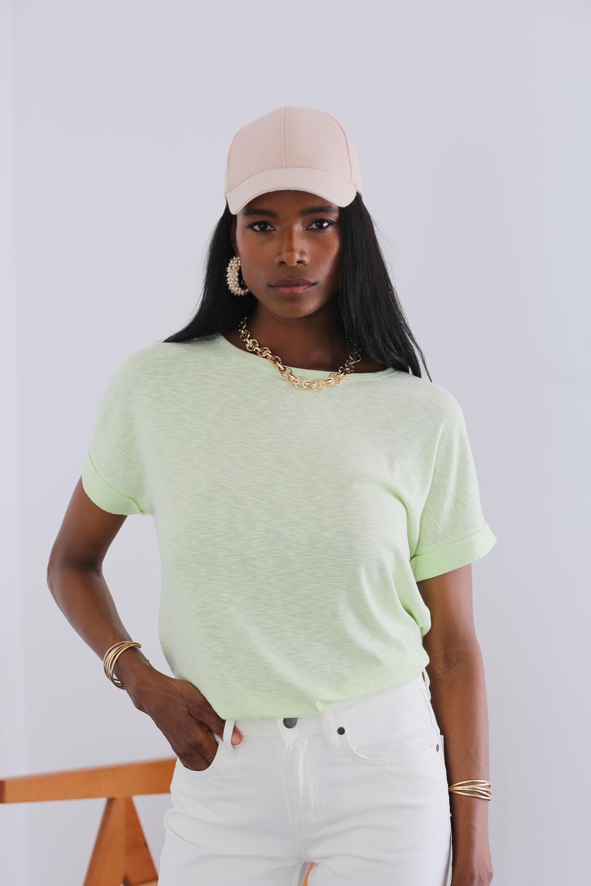 Su Yeşili Bisiklet Yaka Duble Kol Tshirt 