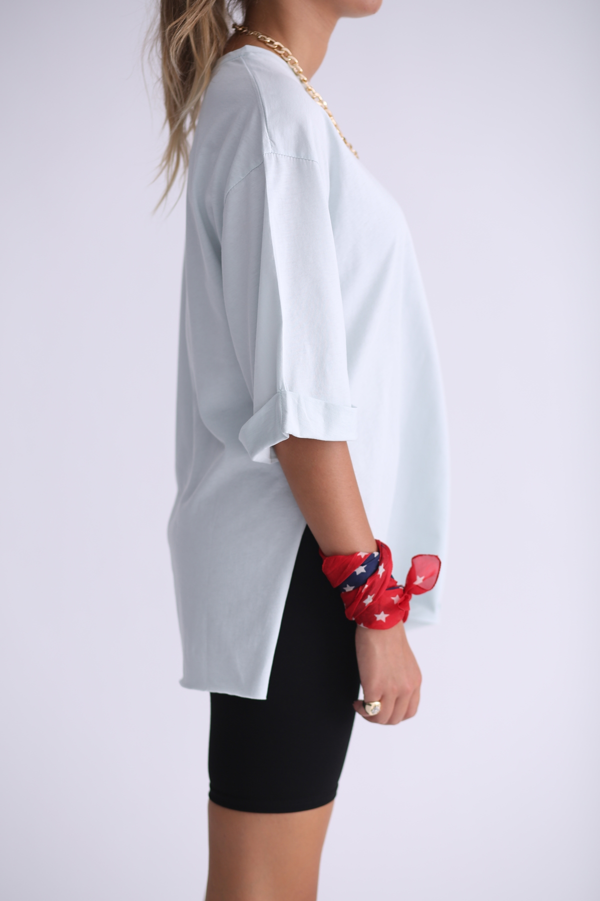 Su Yeşili Duble Kol Yırtmaçlı Boyfriend Tshirt 5615