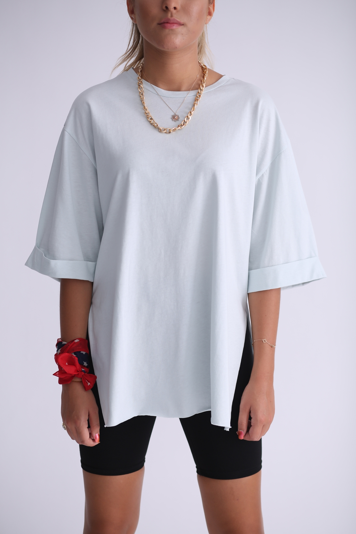 Su Yeşili Duble Kol Yırtmaçlı Boyfriend Tshirt 5615