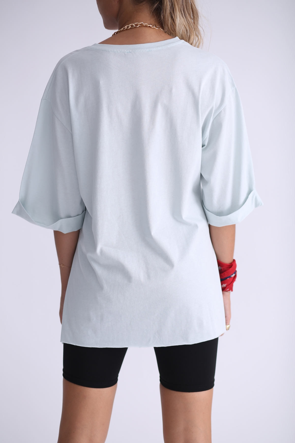 Su Yeşili Duble Kol Yırtmaçlı Boyfriend Tshirt 5615