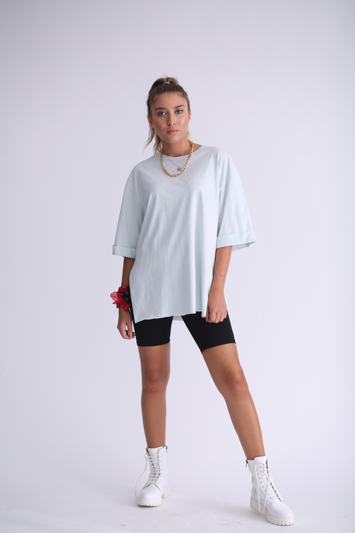 Su Yeşili Duble Kol Yırtmaçlı Boyfriend Tshirt 5615