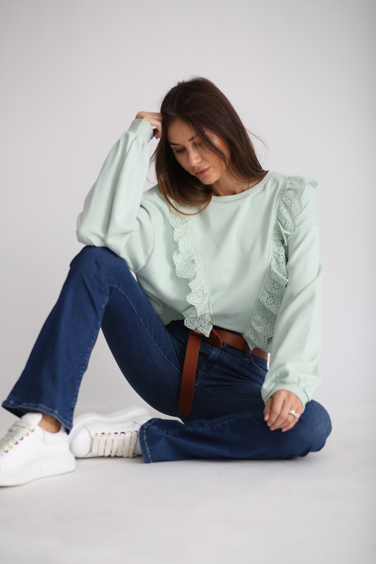 Su Yeşili Güpürlü Verev Sweatshirt 
