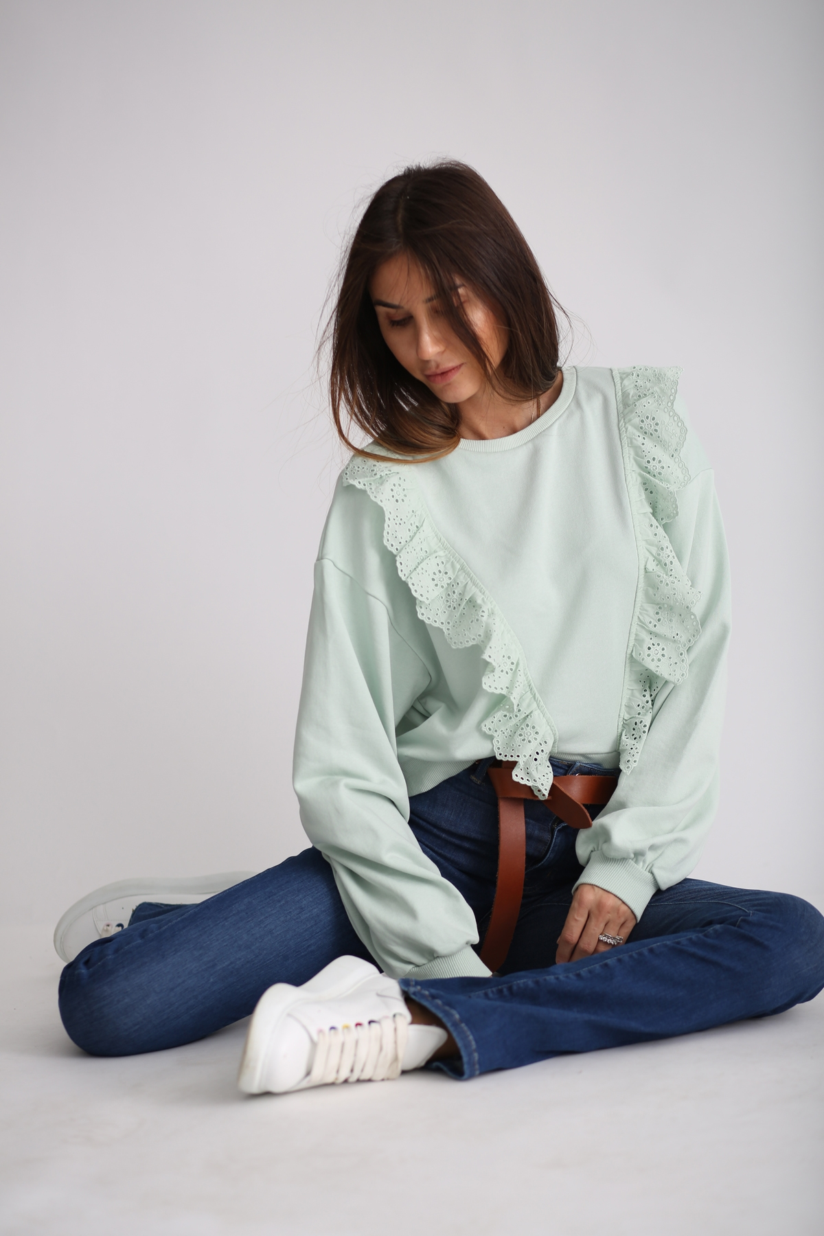 Su Yeşili Güpürlü Verev Sweatshirt 