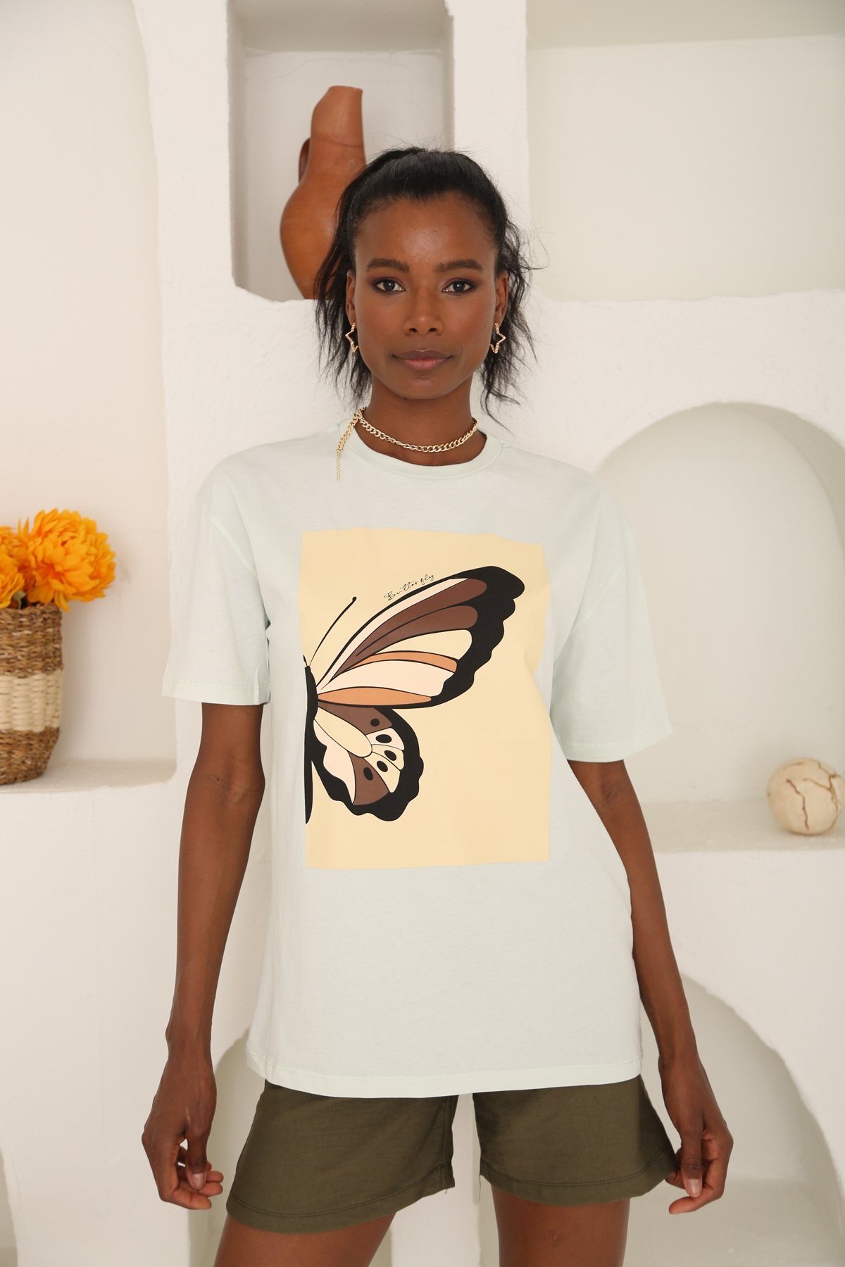 Su Yeşili Kelebek Baskılı Tshirt 3448
