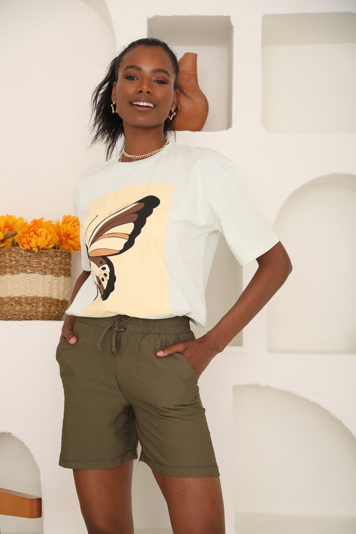 Su Yeşili Kelebek Baskılı Tshirt 3448