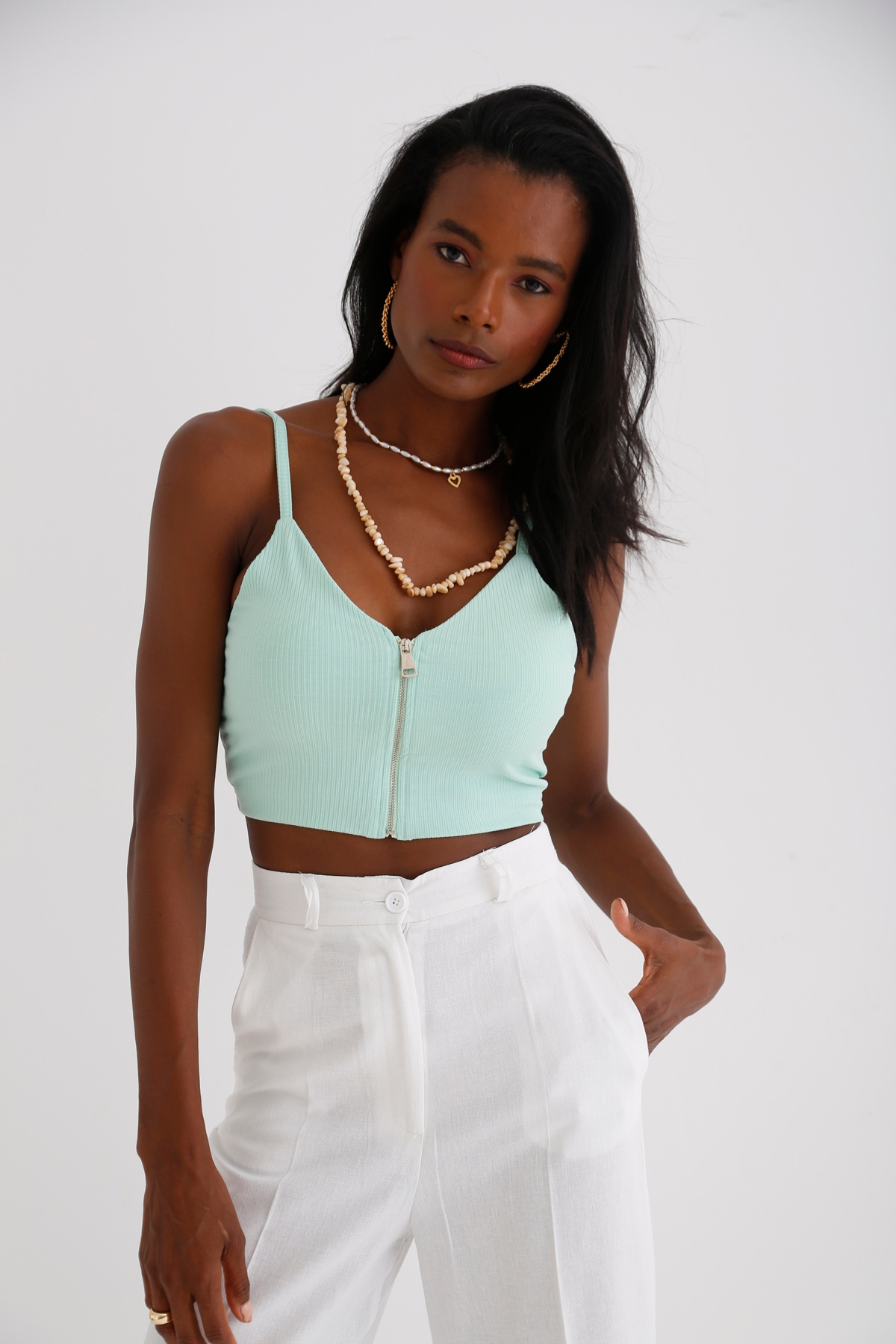 Su Yeşili Önü Fermuarlı Crop 3792