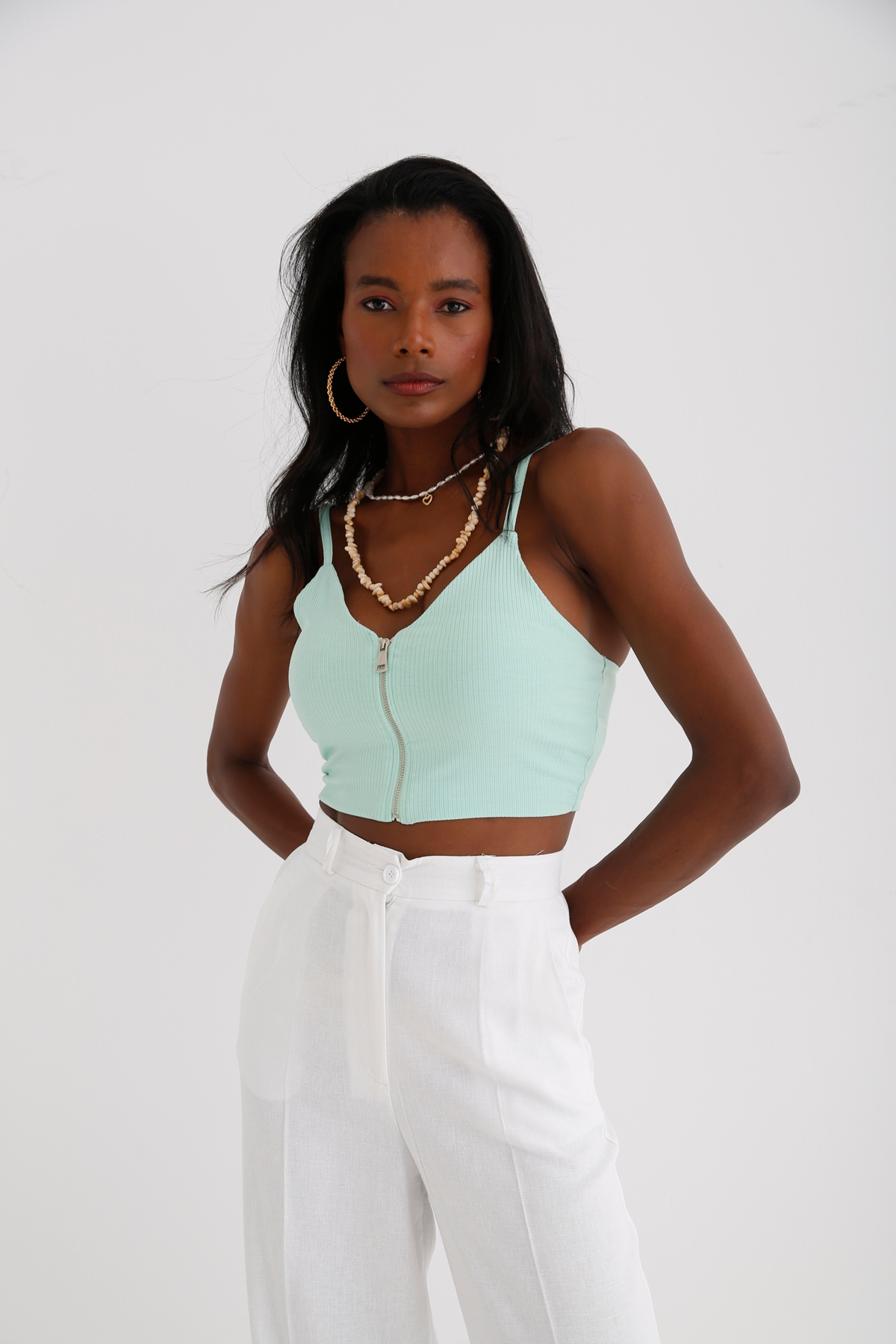 Su Yeşili Önü Fermuarlı Crop 3792
