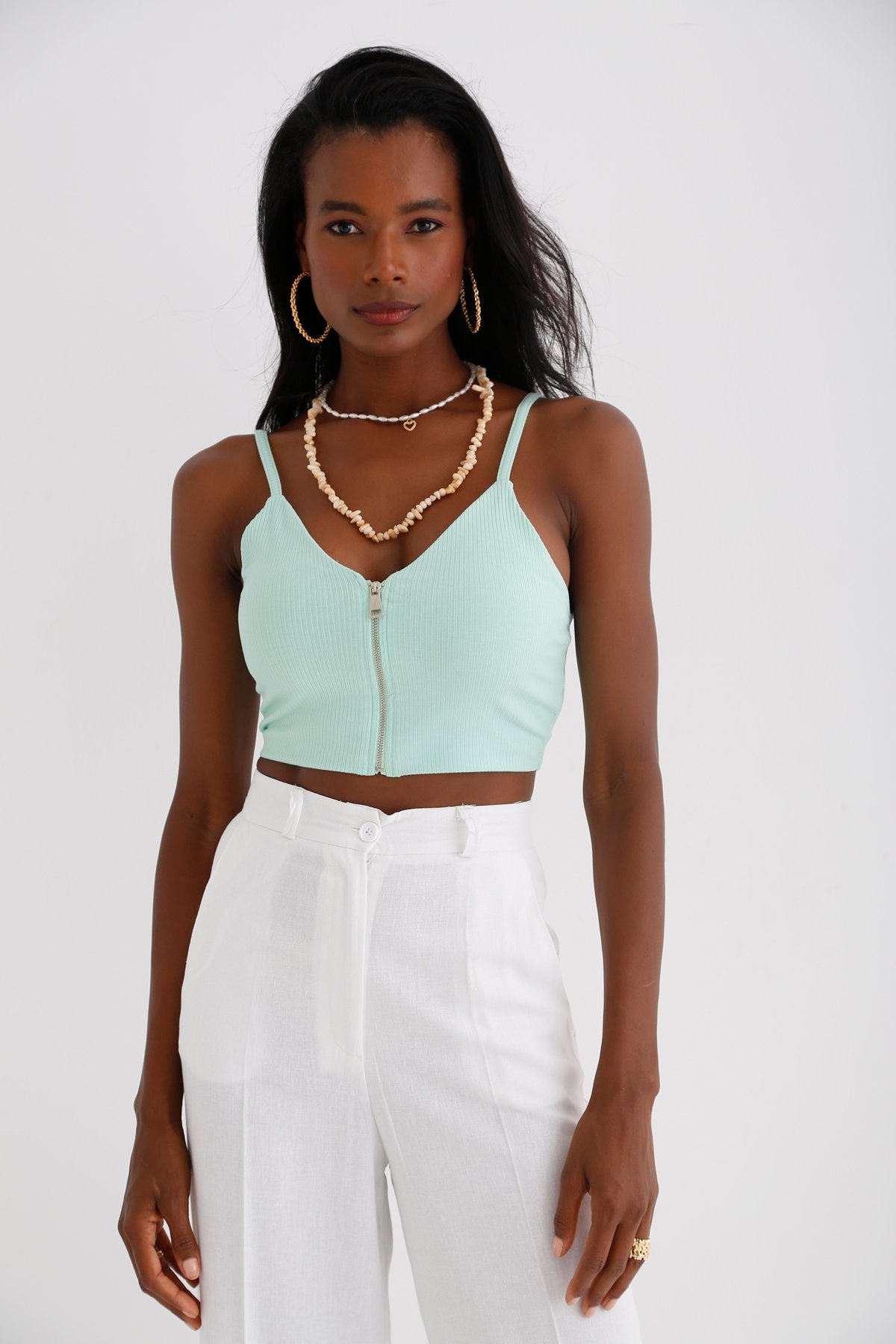 Su Yeşili Önü Fermuarlı Crop 3792