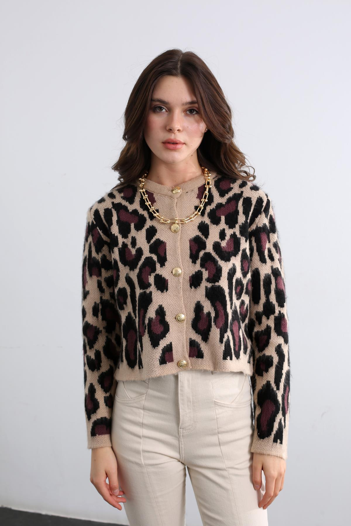 Sütlü Kahve Leopar Desen Hırka 320003