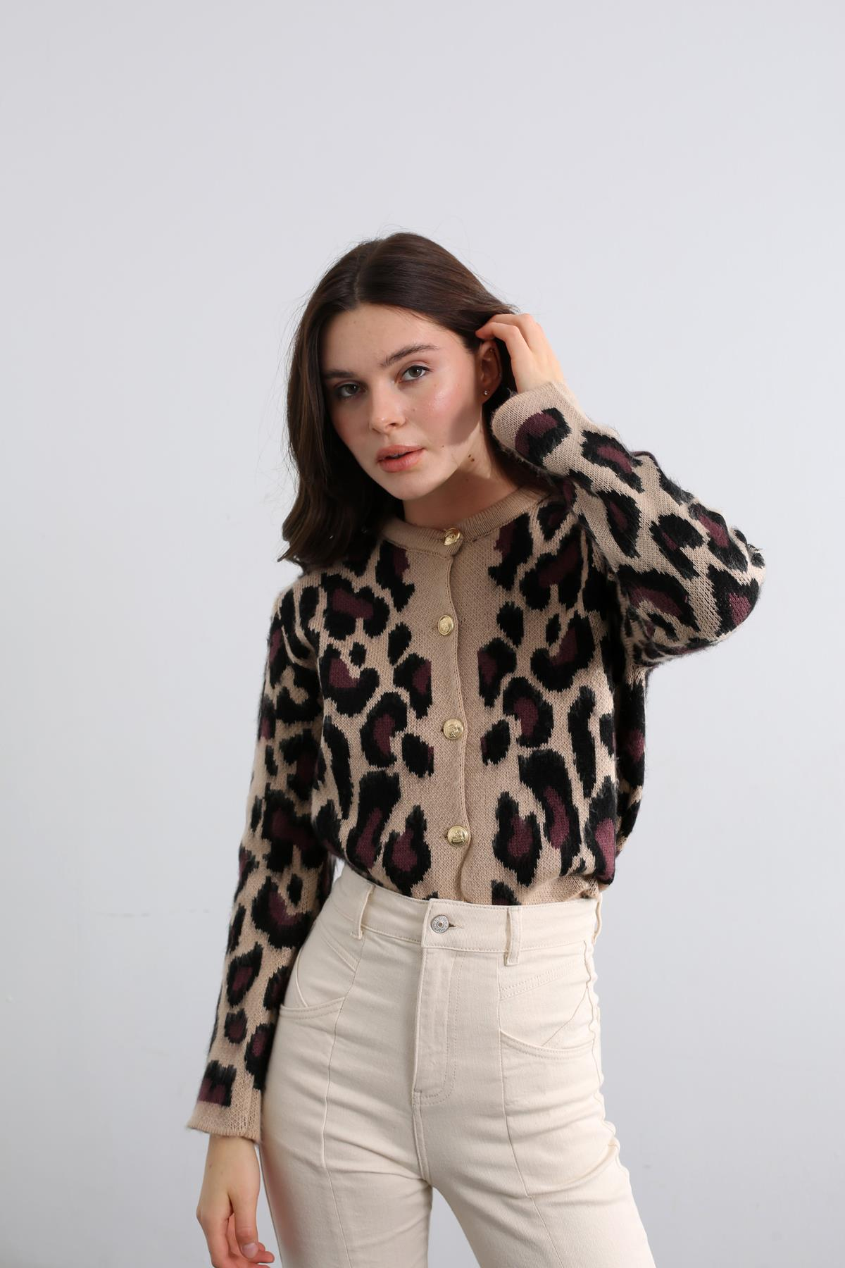Sütlü Kahve Leopar Desen Hırka 320003