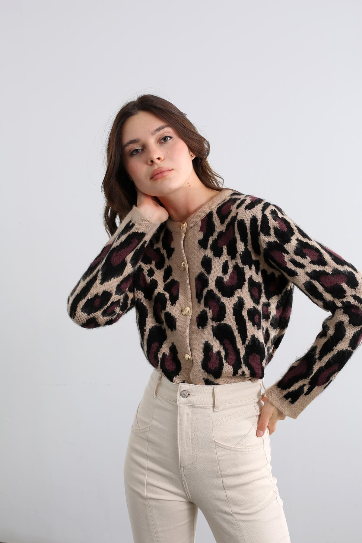 Sütlü Kahve Leopar Desen Hırka 320003