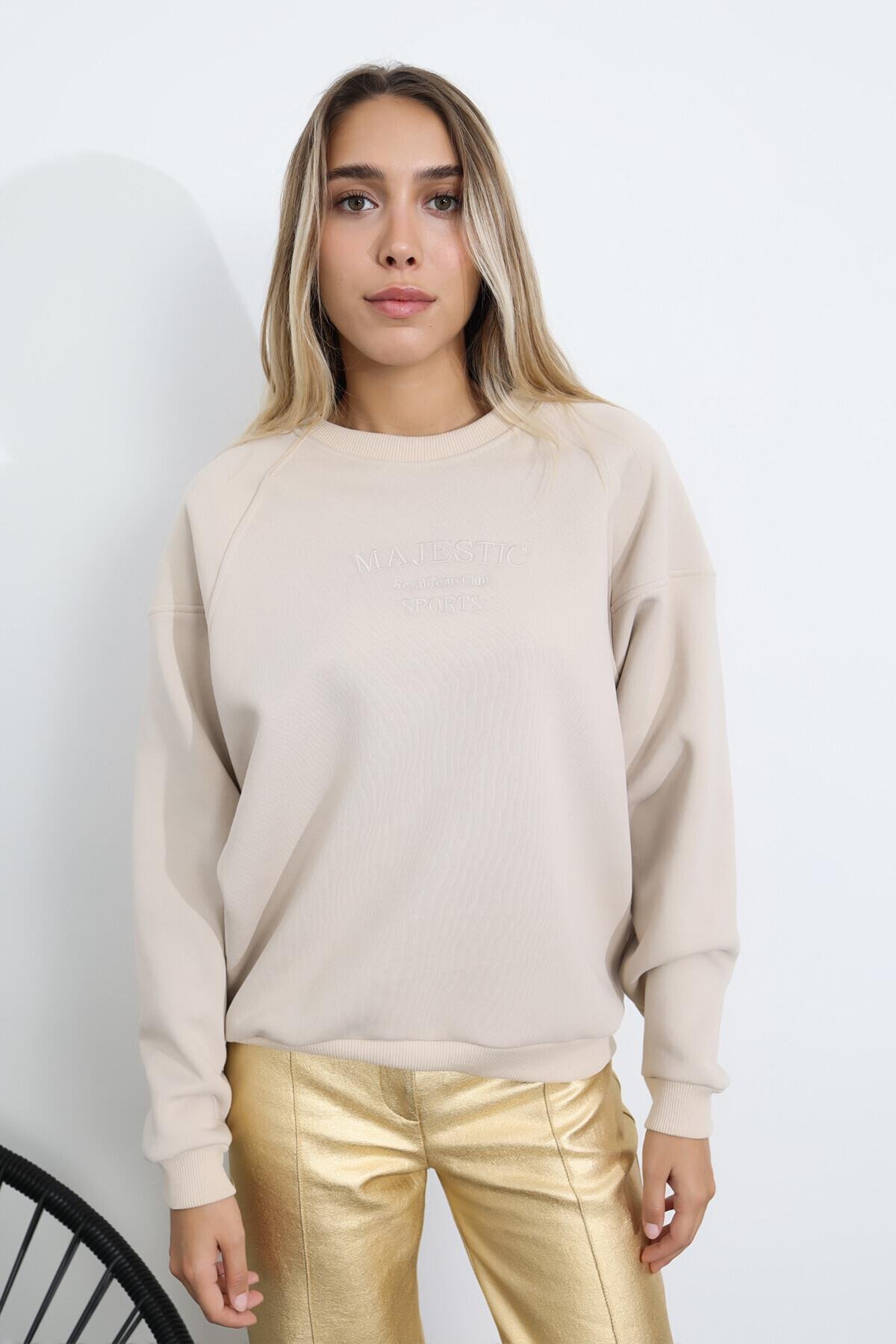 Sütlü Kahve Majestic Nakışlı Sweatshirt 