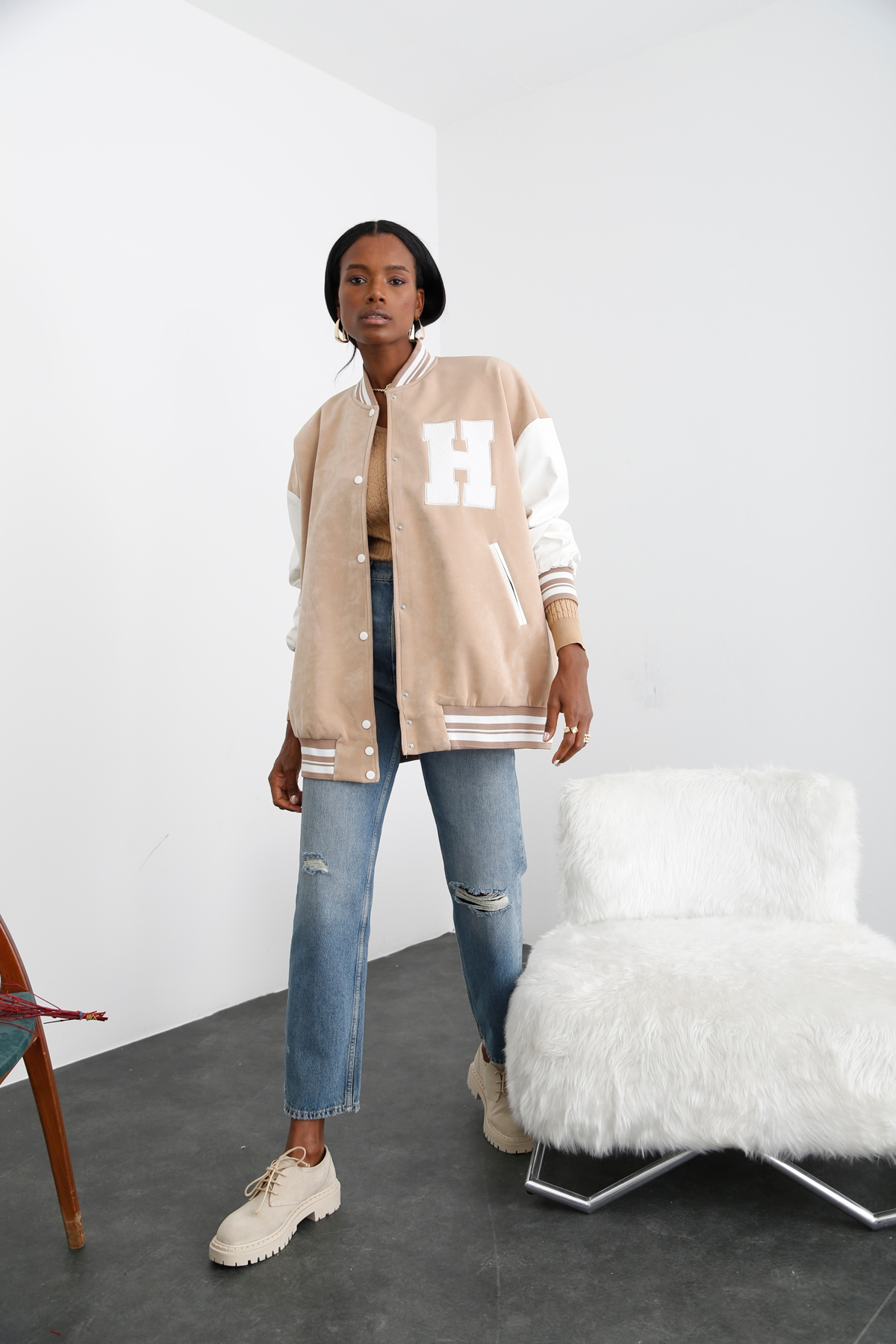 Sütlü Kahve Oversize Bomber Ceket 54068