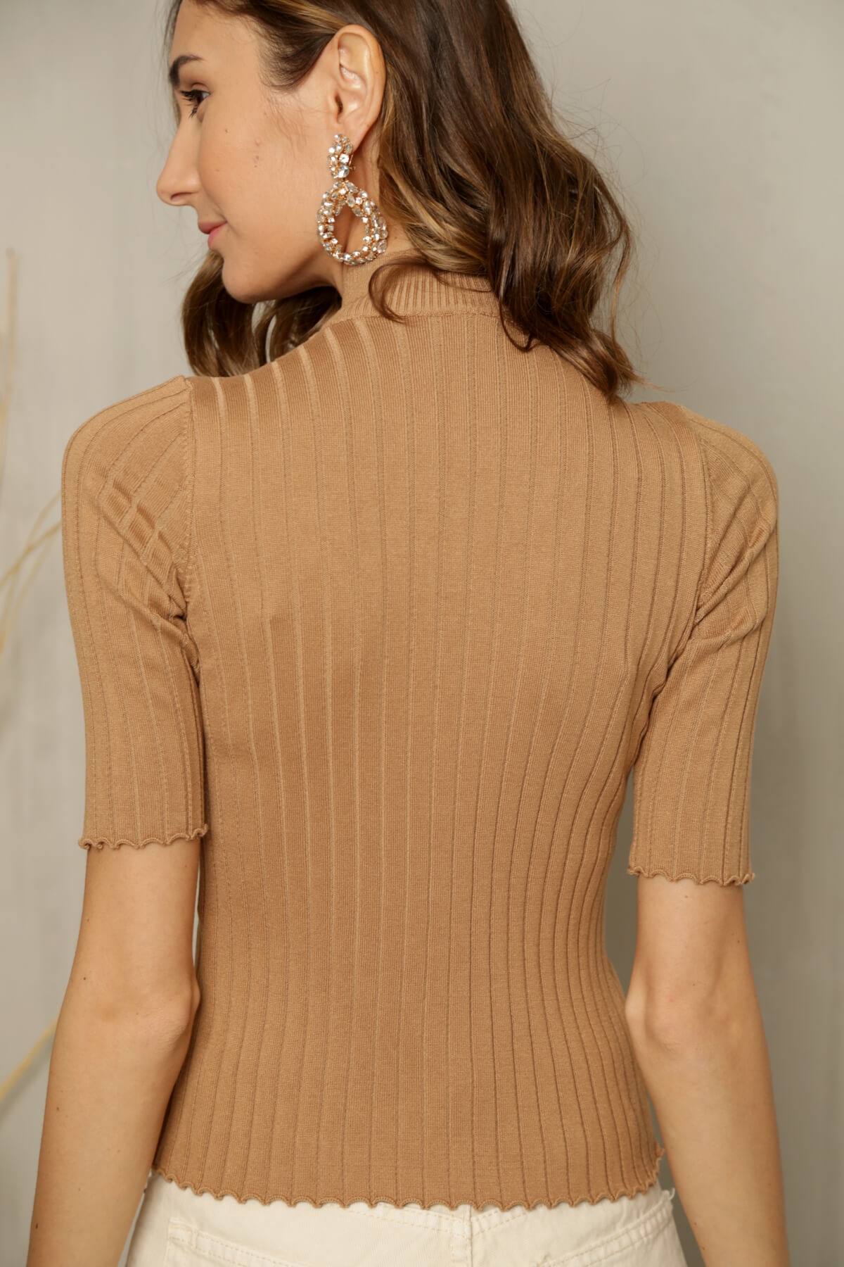 Taba Kısa Kol Fitilli Triko Bluz 21580