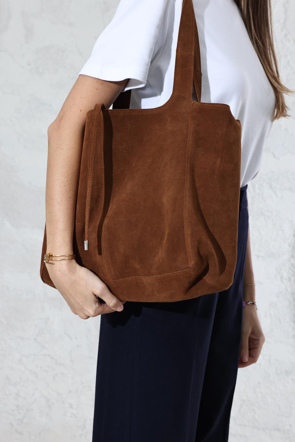 Taba Yavrulu Süet Shopper Çanta 
