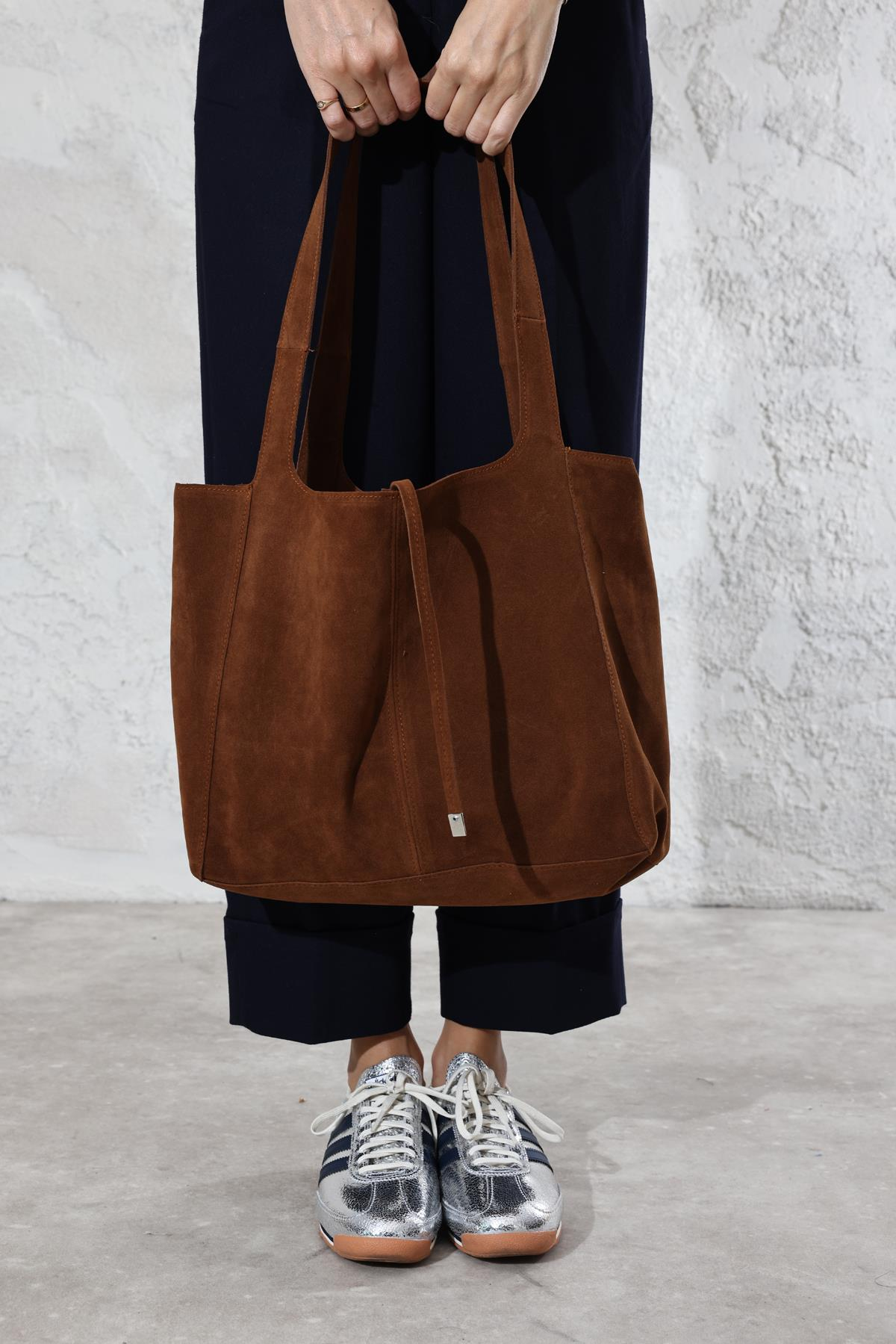 Taba Yavrulu Süet Shopper Çanta 