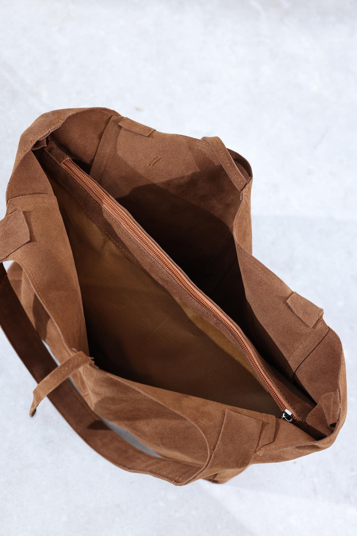 Taba Yavrulu Süet Shopper Çanta 