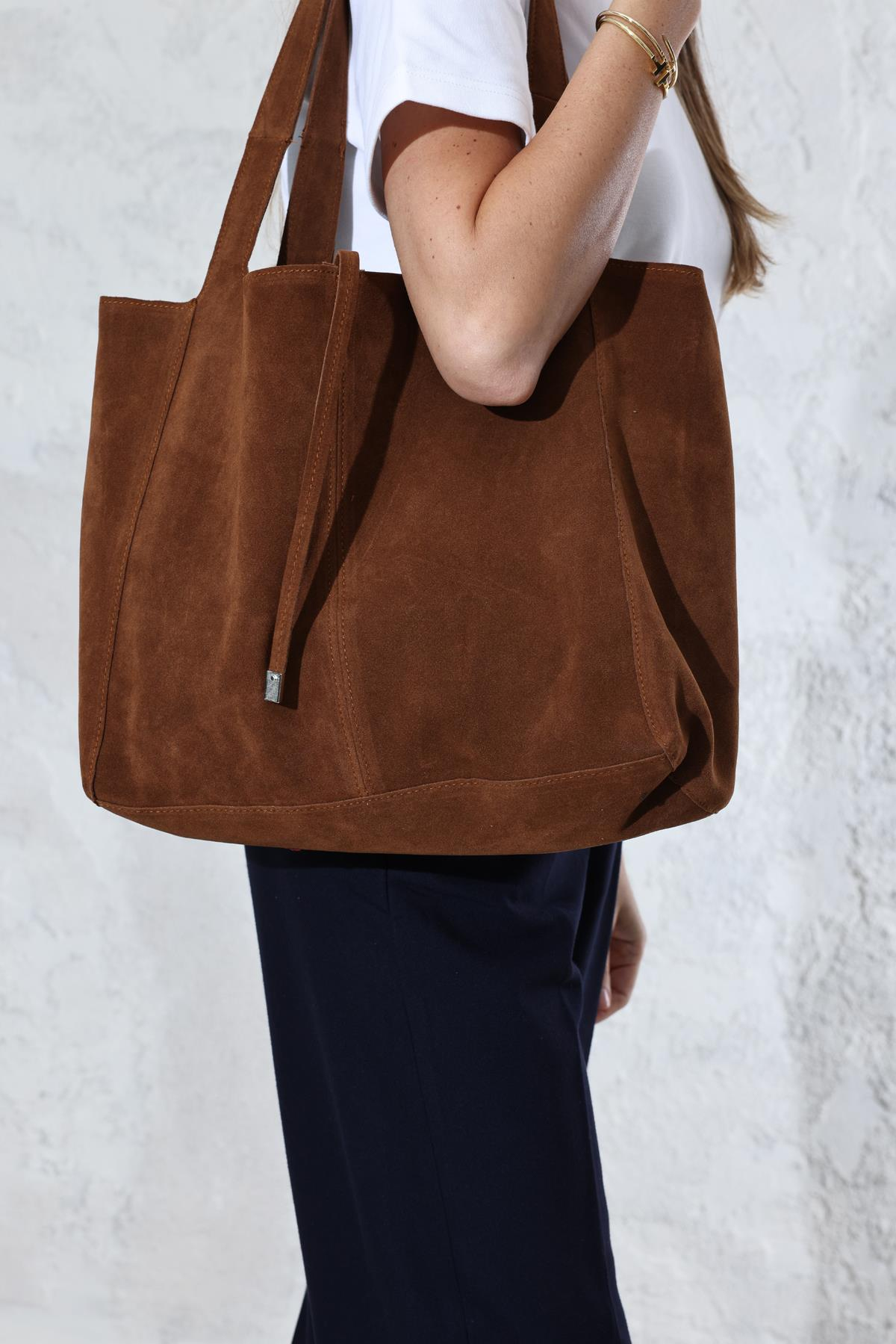 Taba Yavrulu Süet Shopper Çanta 
