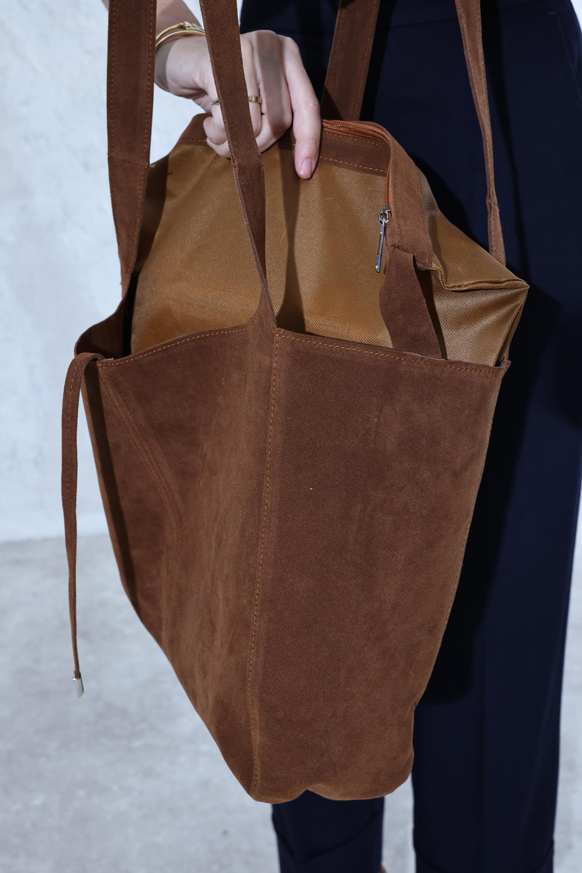 Taba Yavrulu Süet Shopper Çanta 