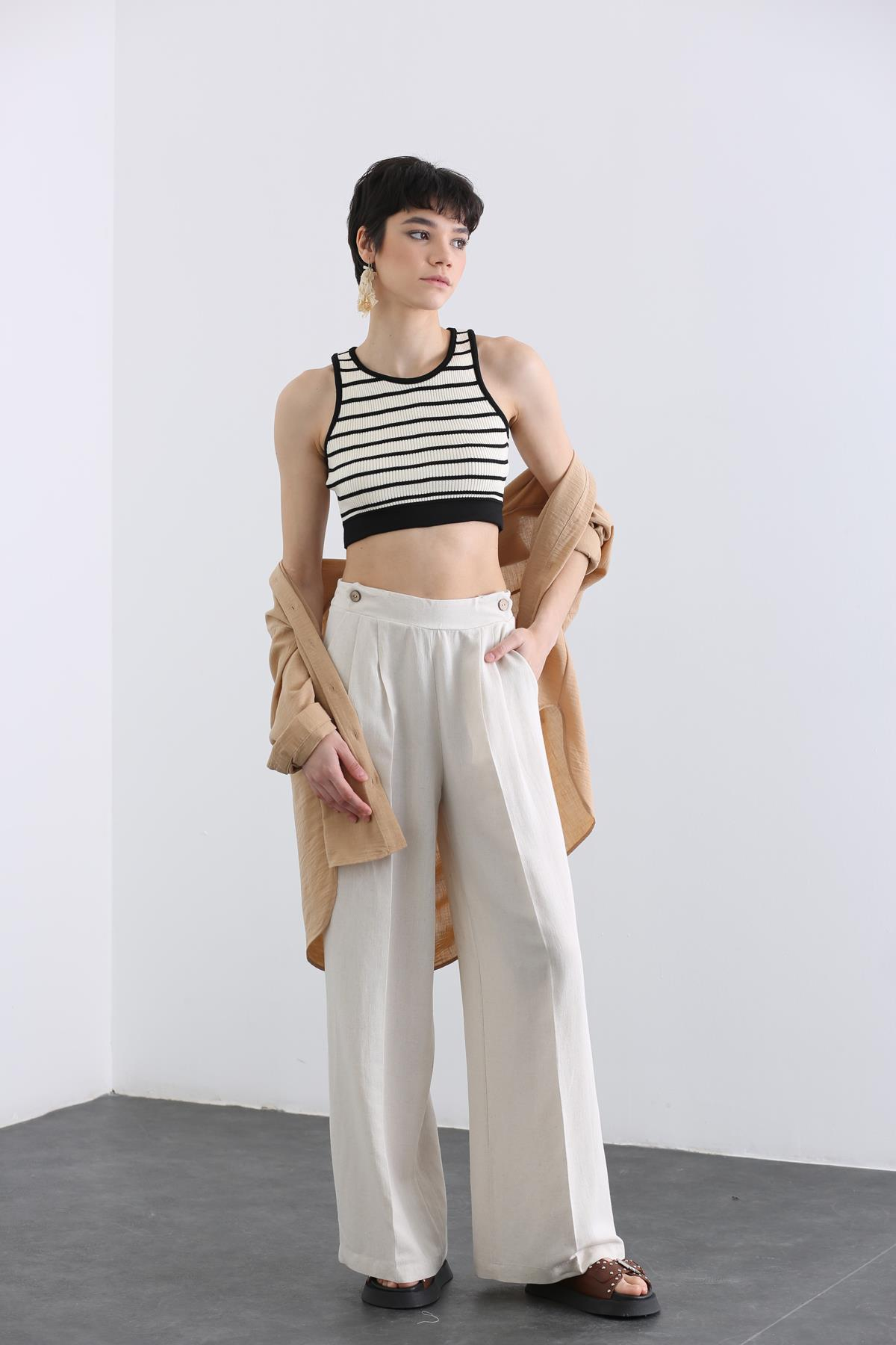 Taş Arka Beli Lastikli Bol Paça Pantolon 370024